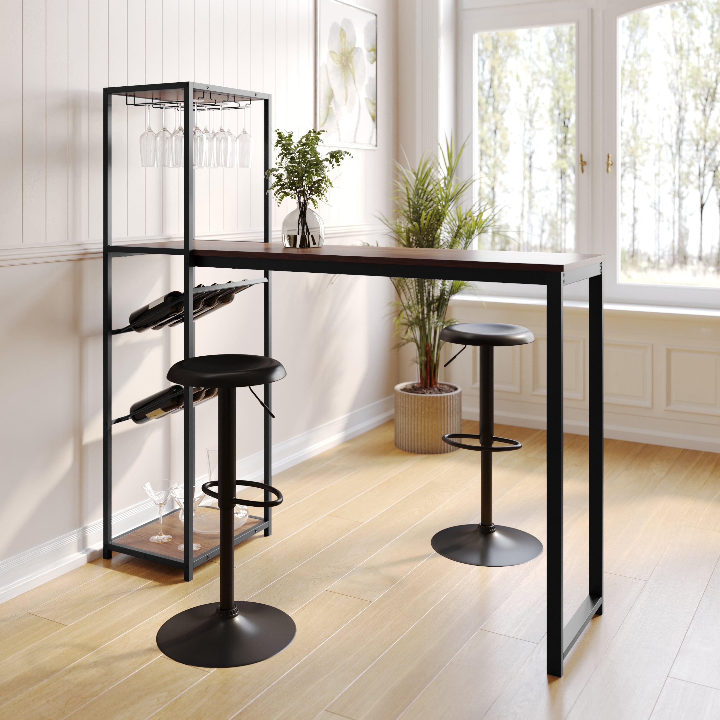 Jura Metal Bar and Wine Table with 2 Slanted Shelves for Bottle Storage and Hanging Glass Storage