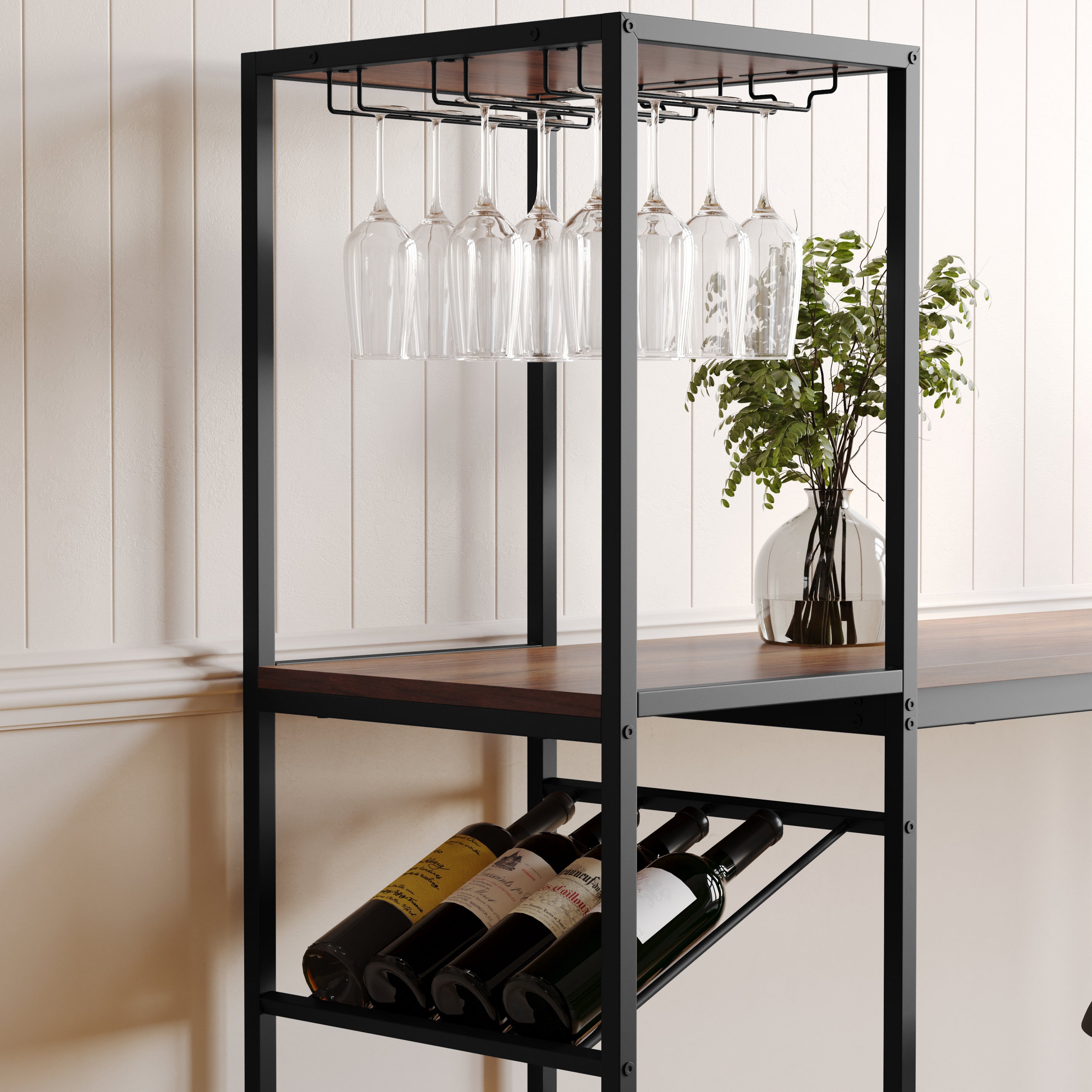 Jura Metal Bar and Wine Table with 2 Slanted Shelves for Bottle Storage and Hanging Glass Storage