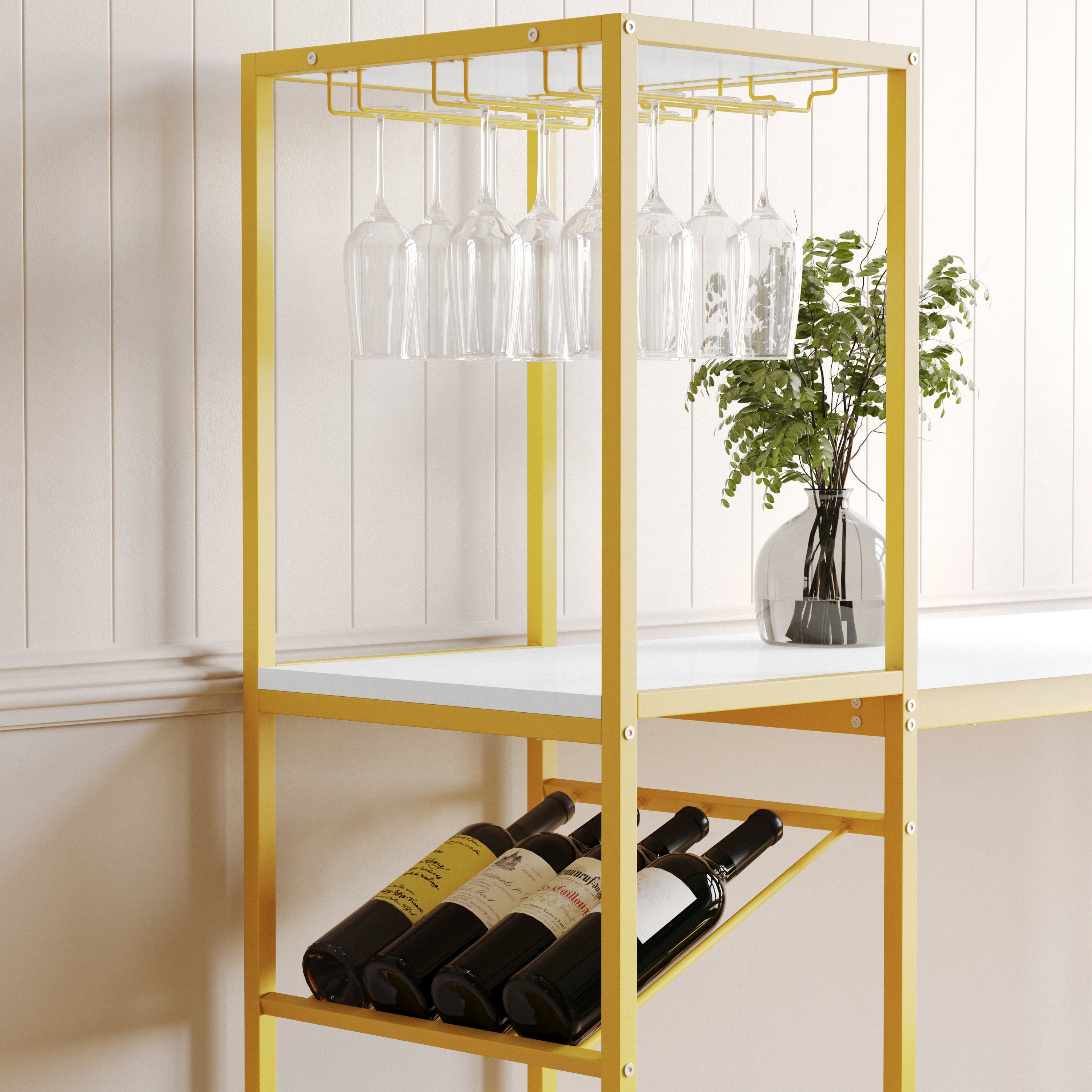 Jura Metal Bar and Wine Table with 2 Slanted Shelves for Bottle Storage and Hanging Glass Storage