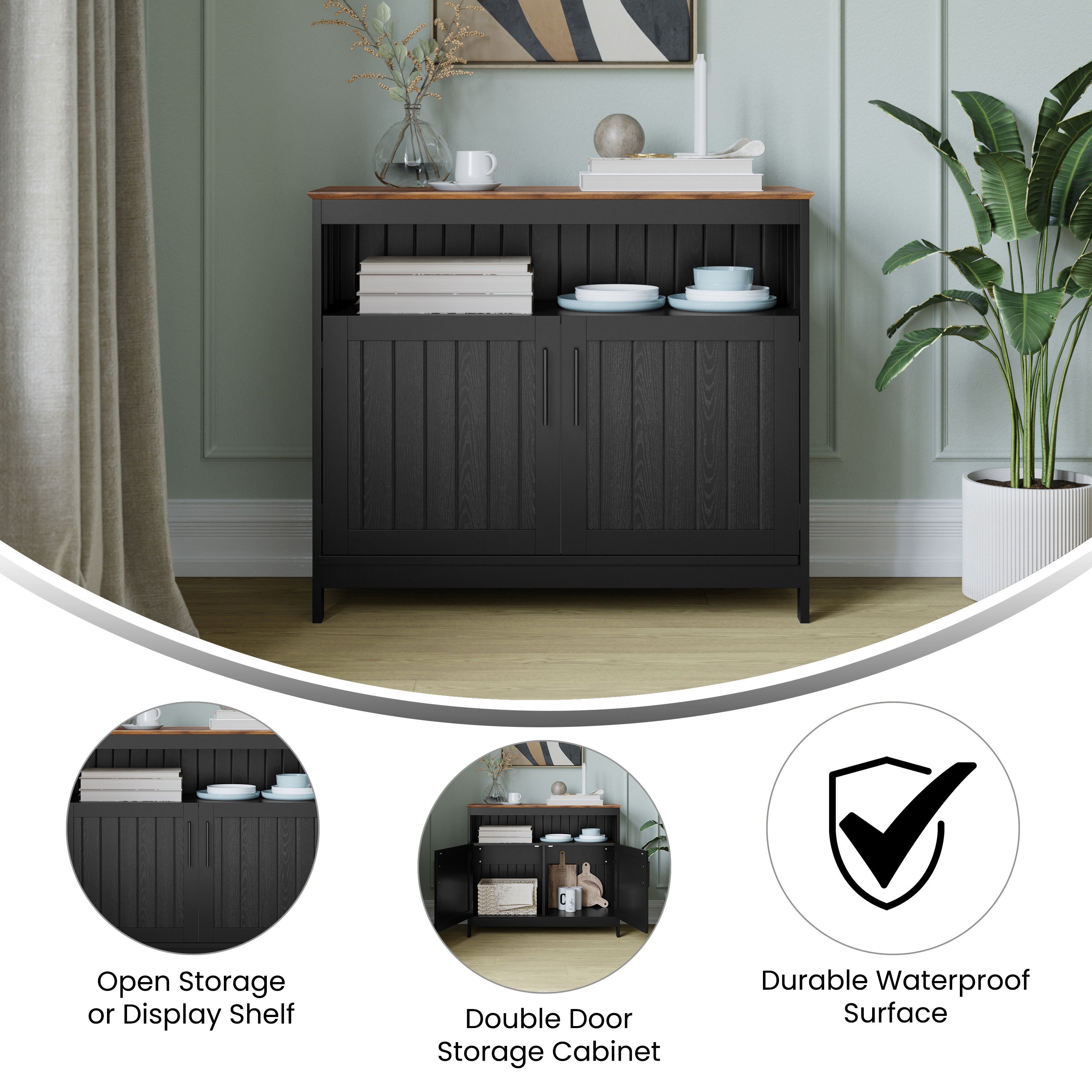 Mayfield Classic Buffet and Sideboard with Double Door Storage Cabinet and Open Storage Shelf