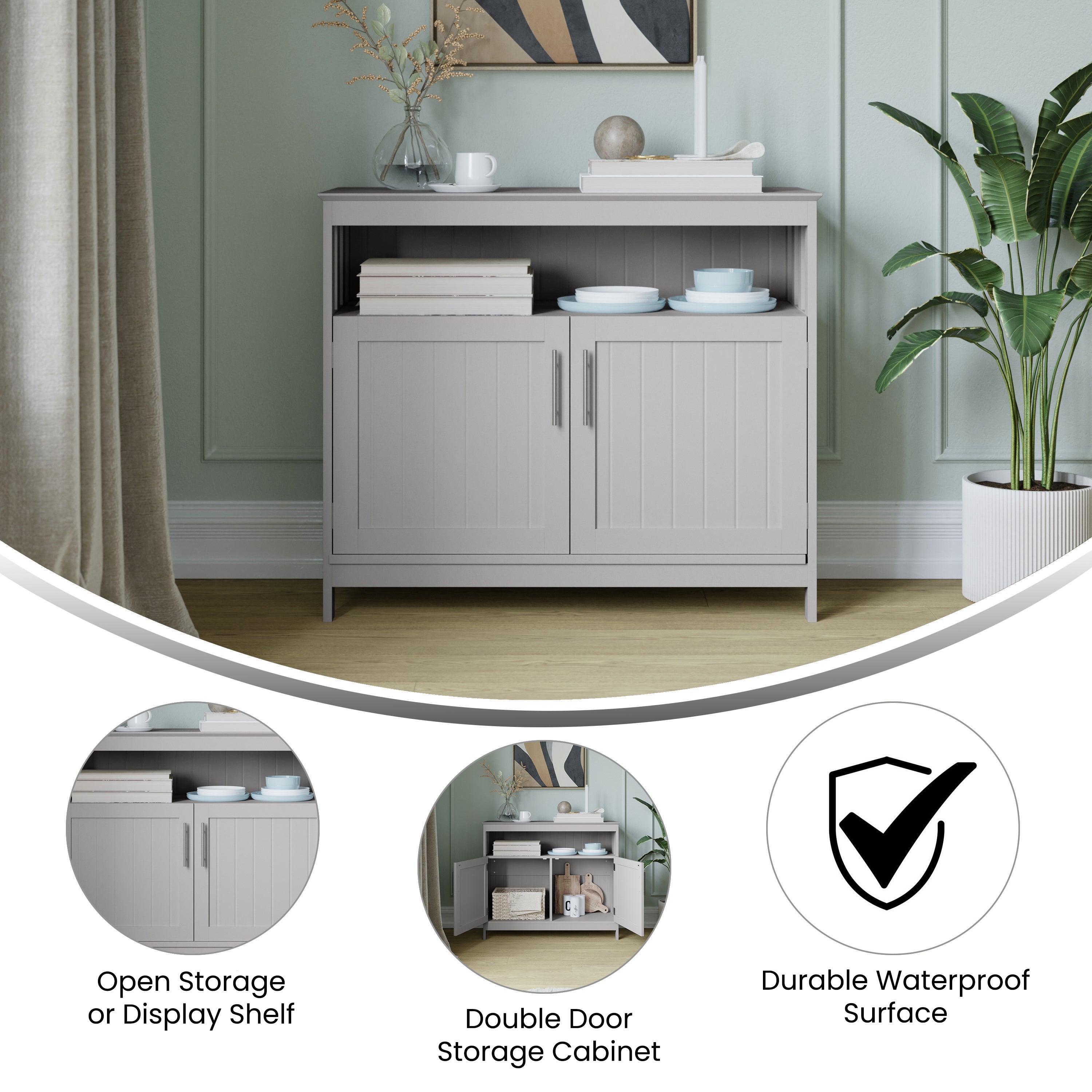 Mayfield Classic Buffet and Sideboard with Double Door Storage Cabinet and Open Storage Shelf