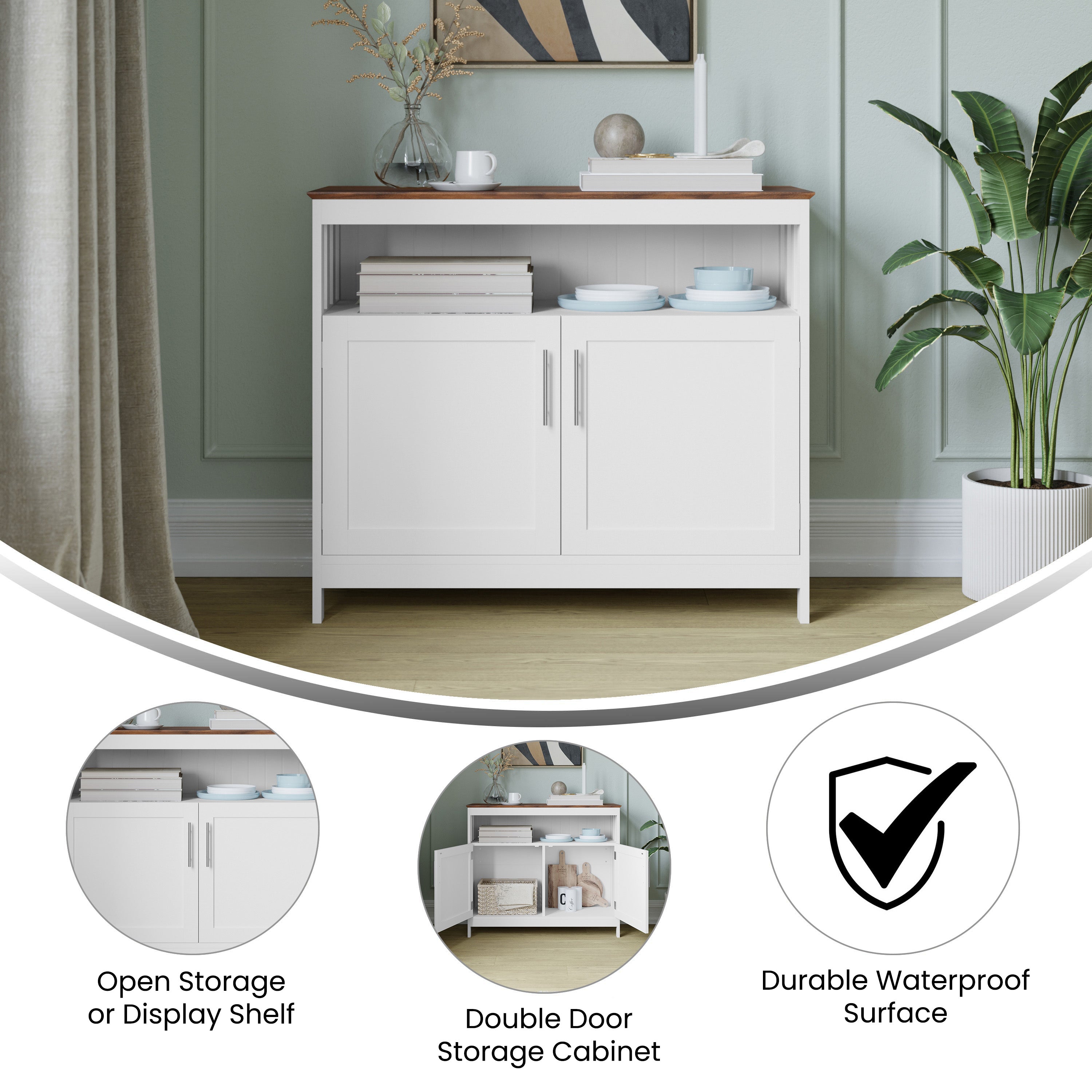 Mayfield Classic Buffet and Sideboard with Double Door Storage Cabinet and Open Storage Shelf