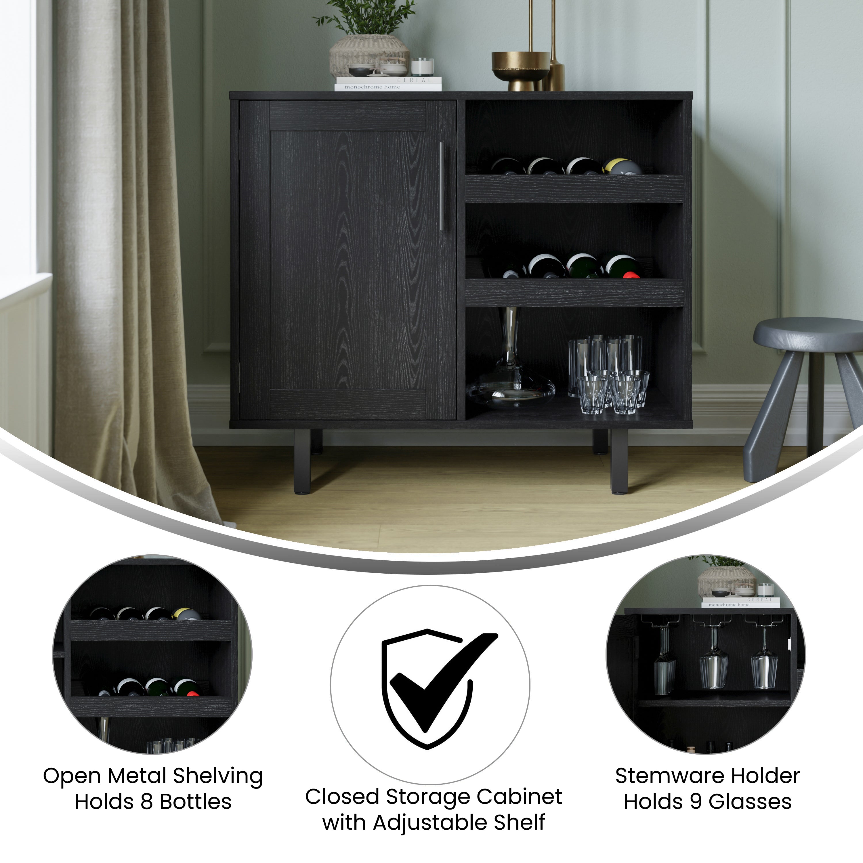 Elmont Classic Bar and Sideboard with Shaker Style Single Door Cabinet with Hanging Glass Storage and Open Bottle Shelves