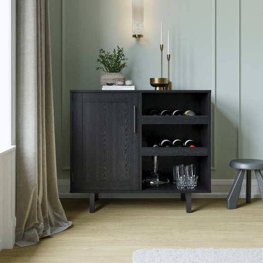 Elmont Classic Bar and Sideboard with Shaker Style Single Door Cabinet with Hanging Glass Storage and Open Bottle Shelves