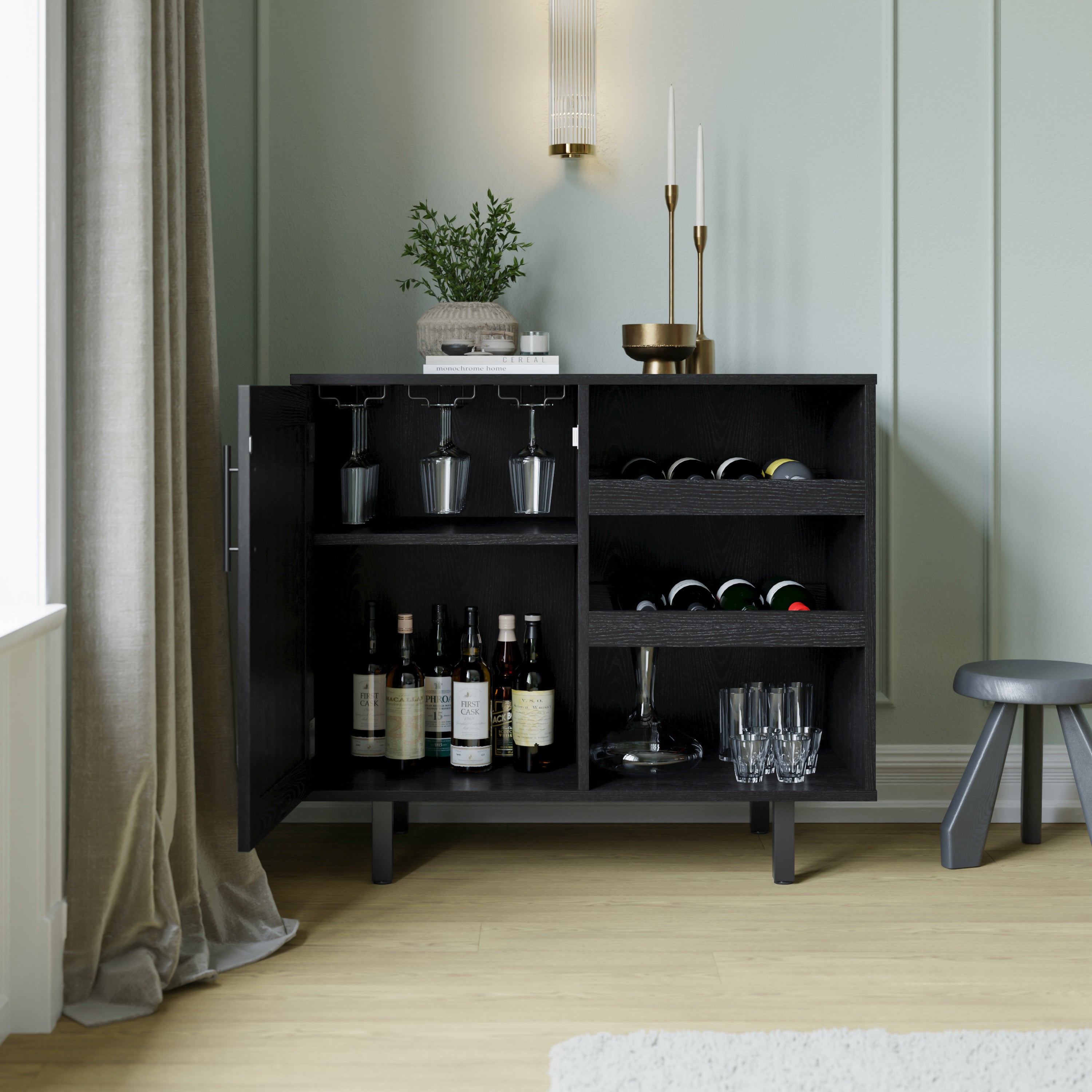 Elmont Classic Bar and Sideboard with Shaker Style Single Door Cabinet with Hanging Glass Storage and Open Bottle Shelves