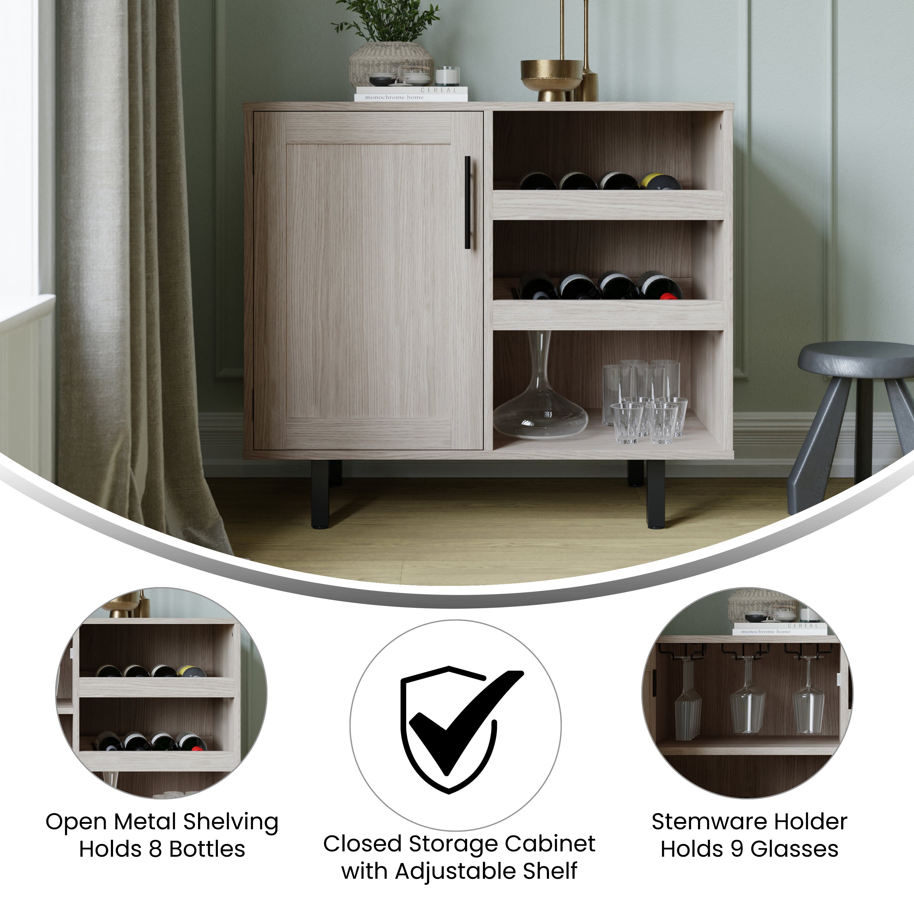 Elmont Classic Bar and Sideboard with Shaker Style Single Door Cabinet with Hanging Glass Storage and Open Bottle Shelves