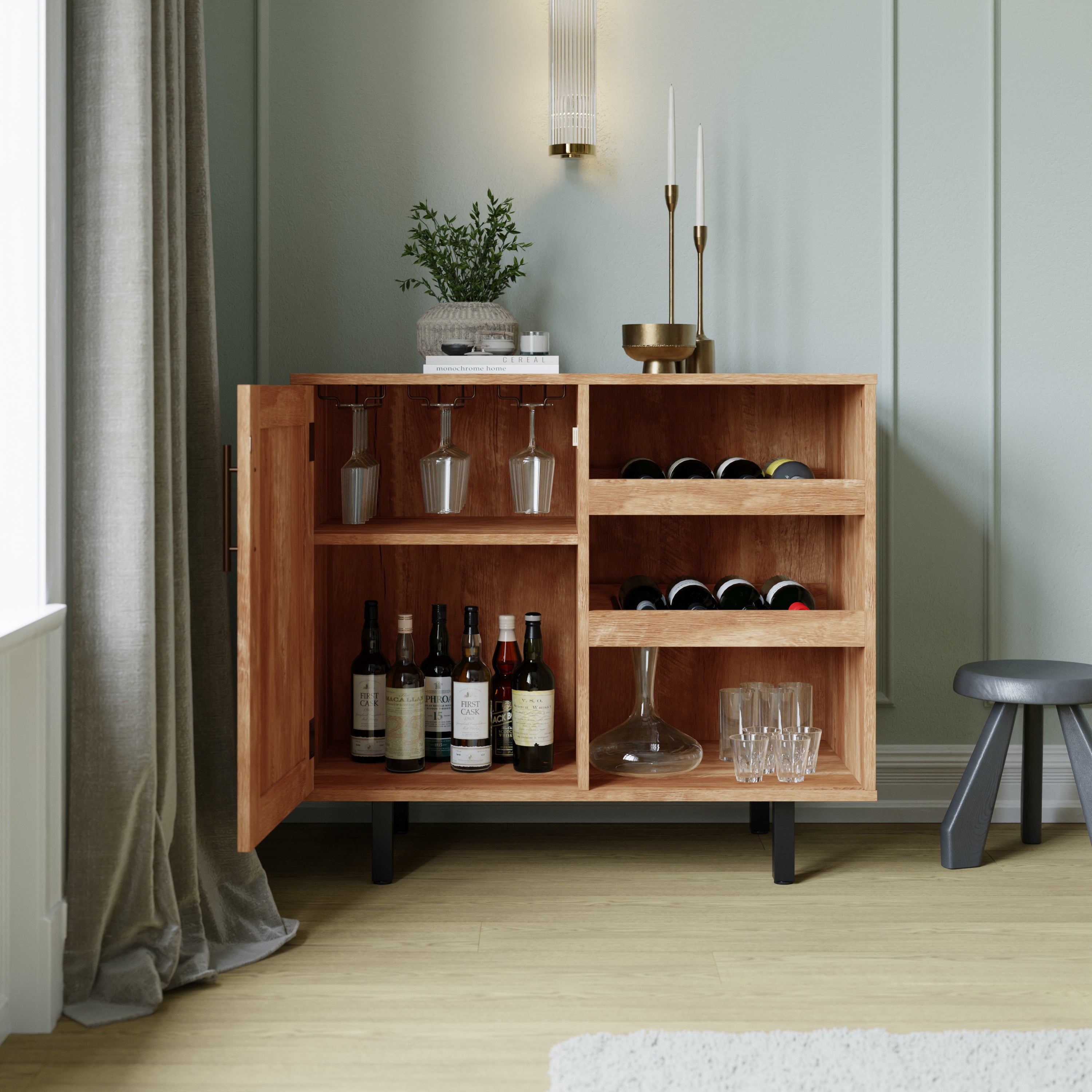 Elmont Classic Bar and Sideboard with Shaker Style Single Door Cabinet with Hanging Glass Storage and Open Bottle Shelves