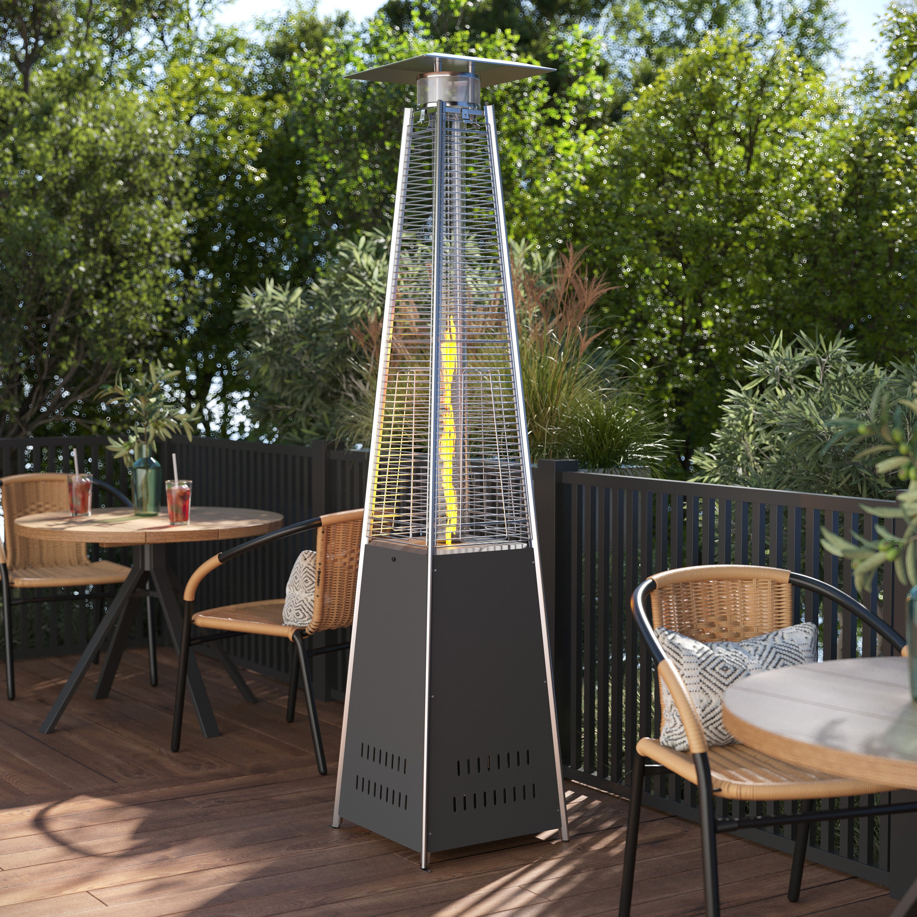 Sol Patio Outdoor Heating-Stainless Steel Pyramid 42,000 BTU Propane Heater with Wheels for Commercial & Residential Use-Portable Patio Heaters-Flash Furniture-Wall2Wall Furnishings