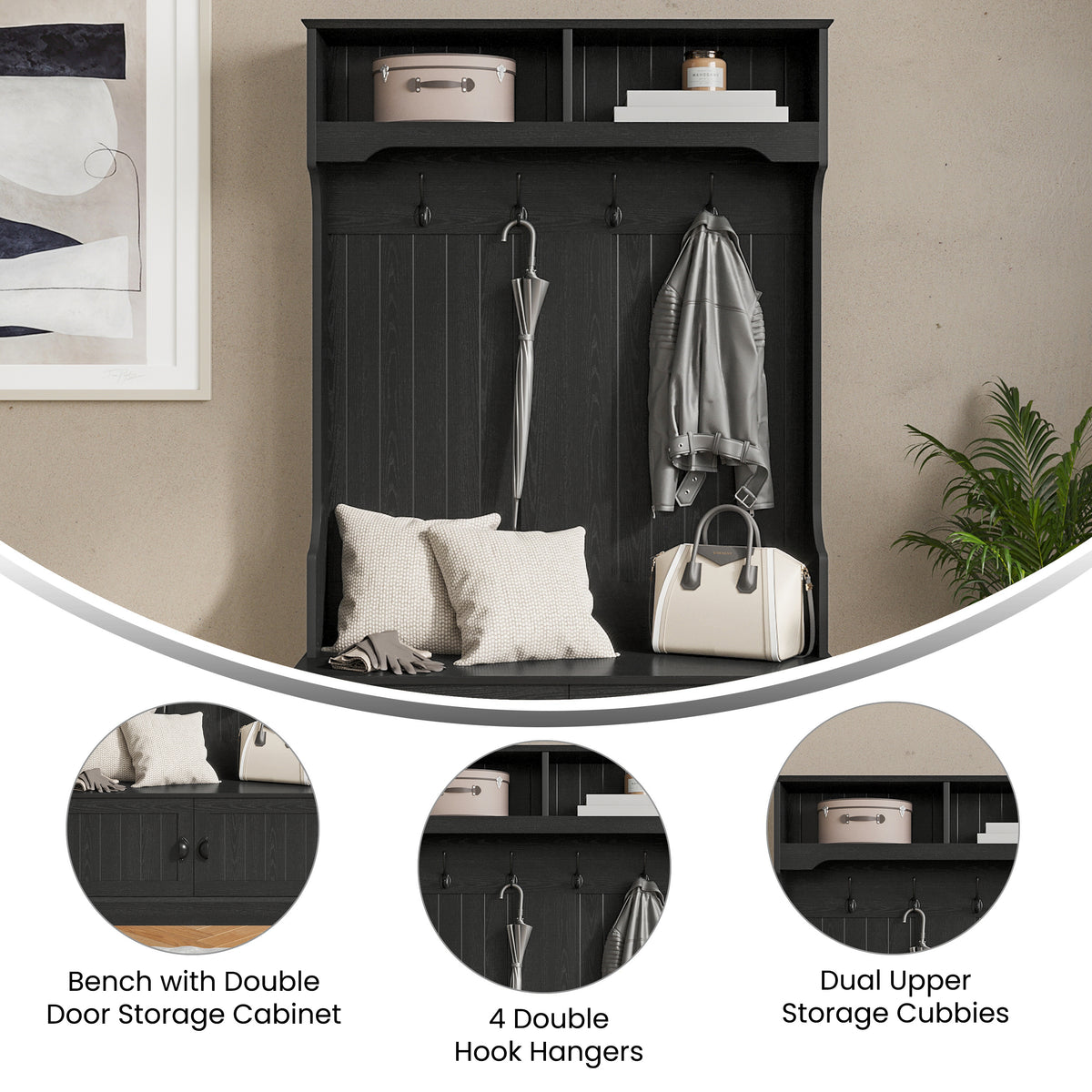 Fraser Hall Tree with Double Door Storage Bench, Coat Rack with 4 Double Hooks, and 2 Upper Storage Cubbies