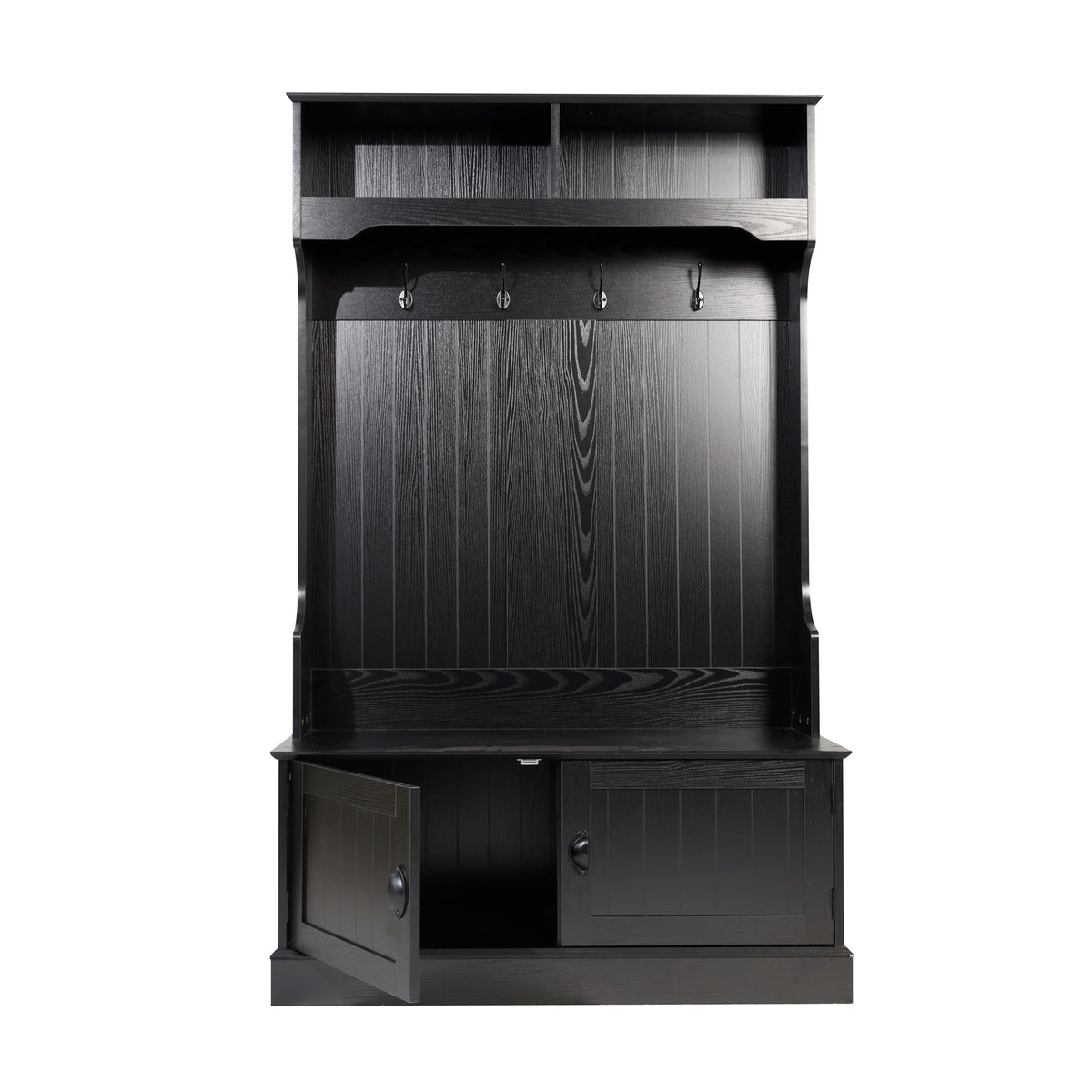 Fraser Hall Tree with Double Door Storage Bench, Coat Rack with 4 Double Hooks, and 2 Upper Storage Cubbies