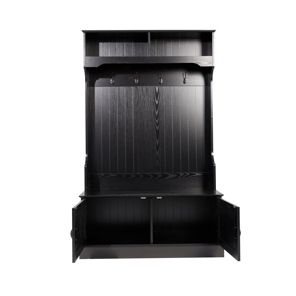 Fraser Hall Tree with Double Door Storage Bench, Coat Rack with 4 Double Hooks, and 2 Upper Storage Cubbies