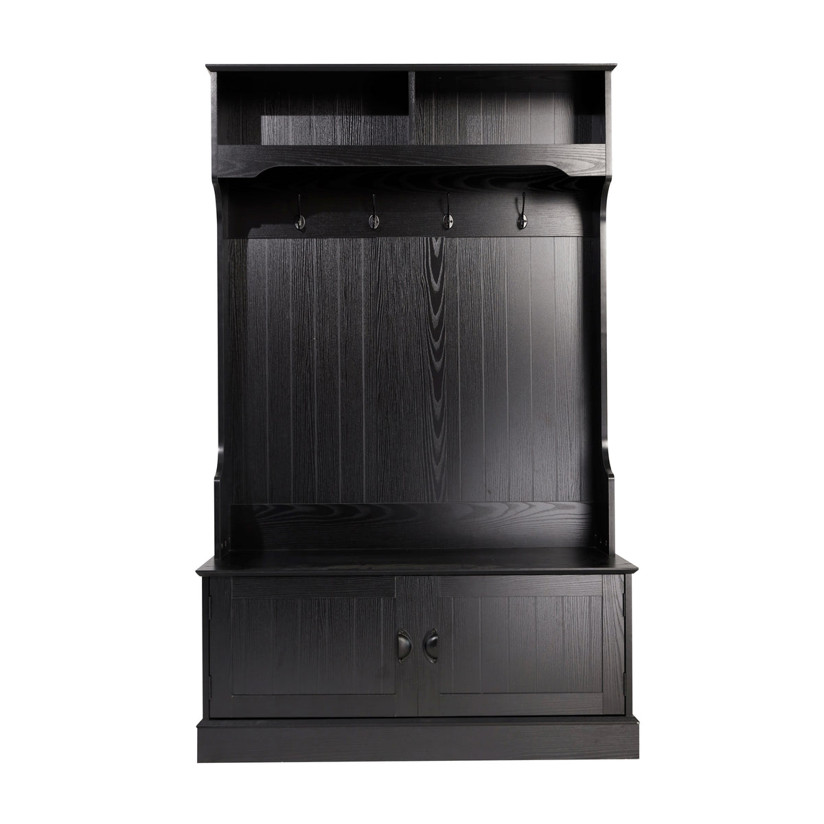 Fraser Hall Tree with Double Door Storage Bench, Coat Rack with 4 Double Hooks, and 2 Upper Storage Cubbies