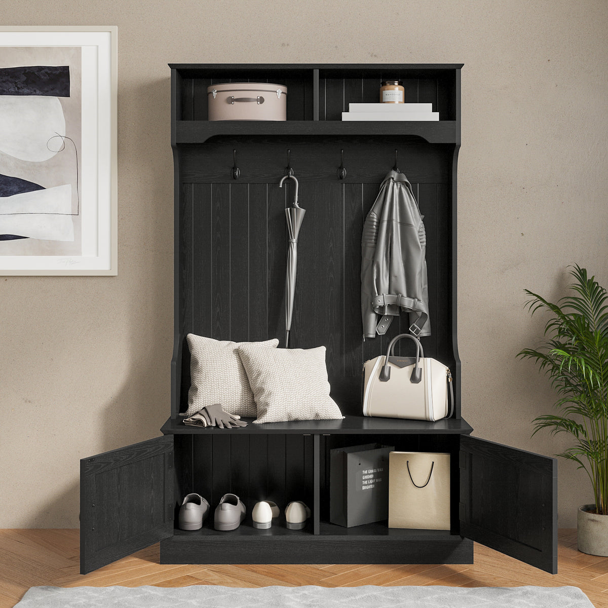Fraser Hall Tree with Double Door Storage Bench, Coat Rack with 4 Double Hooks, and 2 Upper Storage Cubbies