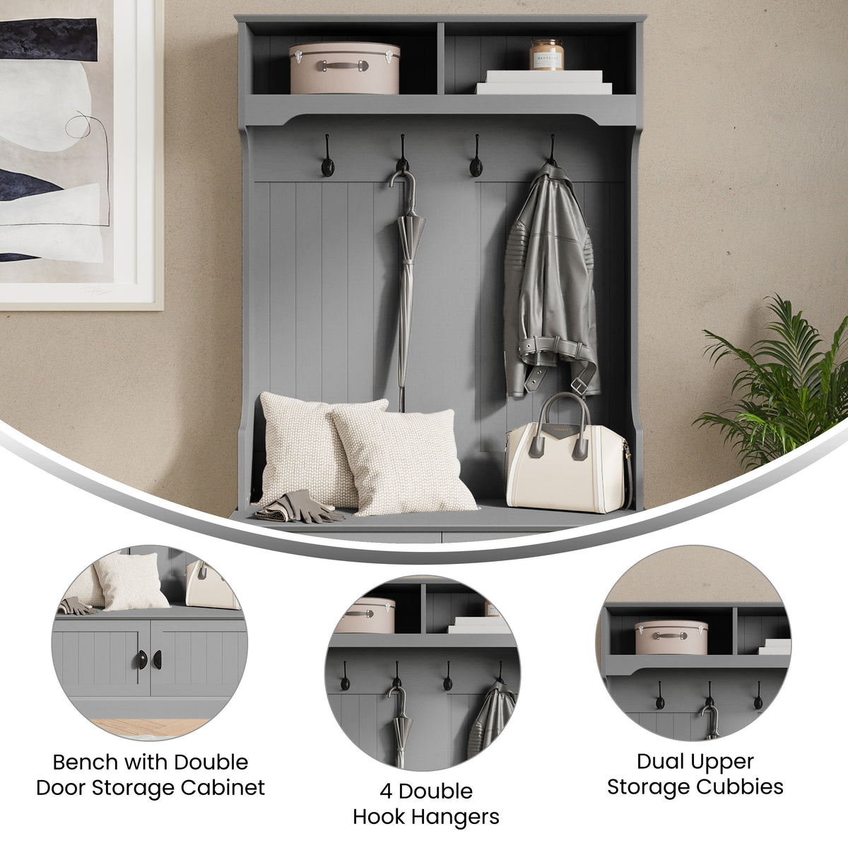 Fraser Hall Tree with Double Door Storage Bench, Coat Rack with 4 Double Hooks, and 2 Upper Storage Cubbies
