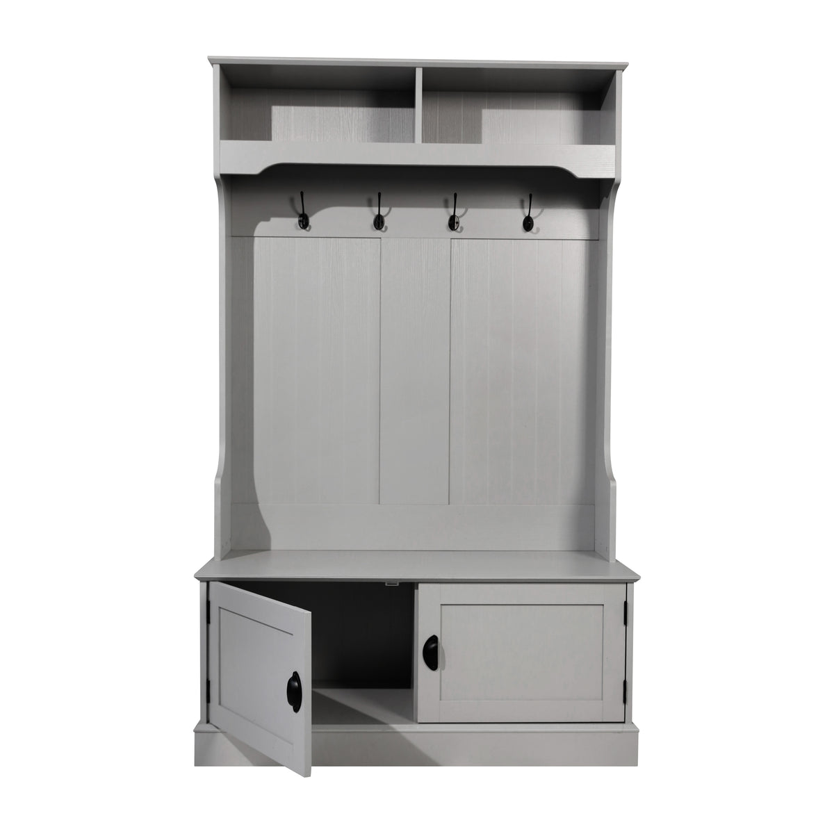 Fraser Hall Tree with Double Door Storage Bench, Coat Rack with 4 Double Hooks, and 2 Upper Storage Cubbies