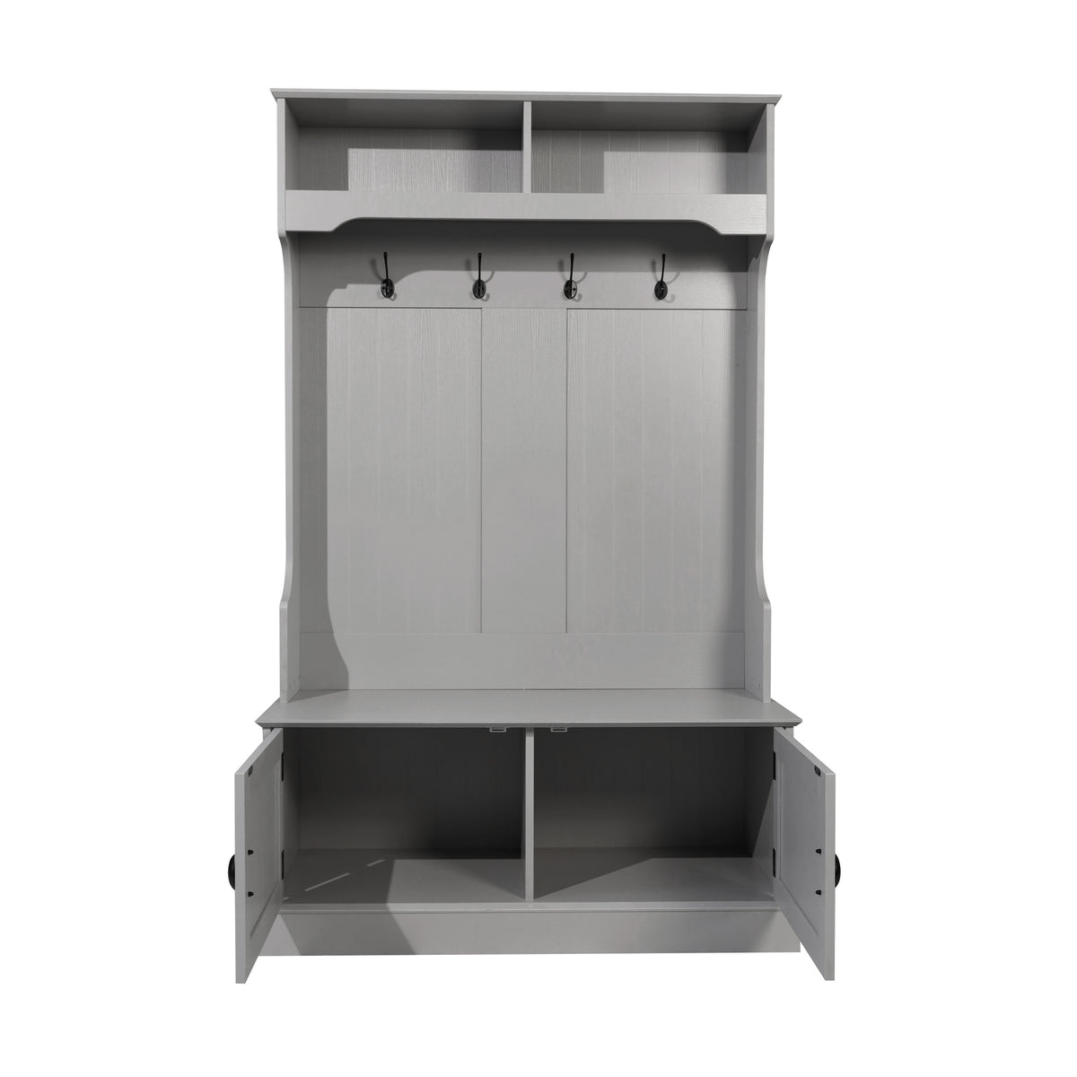 Fraser Hall Tree with Double Door Storage Bench, Coat Rack with 4 Double Hooks, and 2 Upper Storage Cubbies