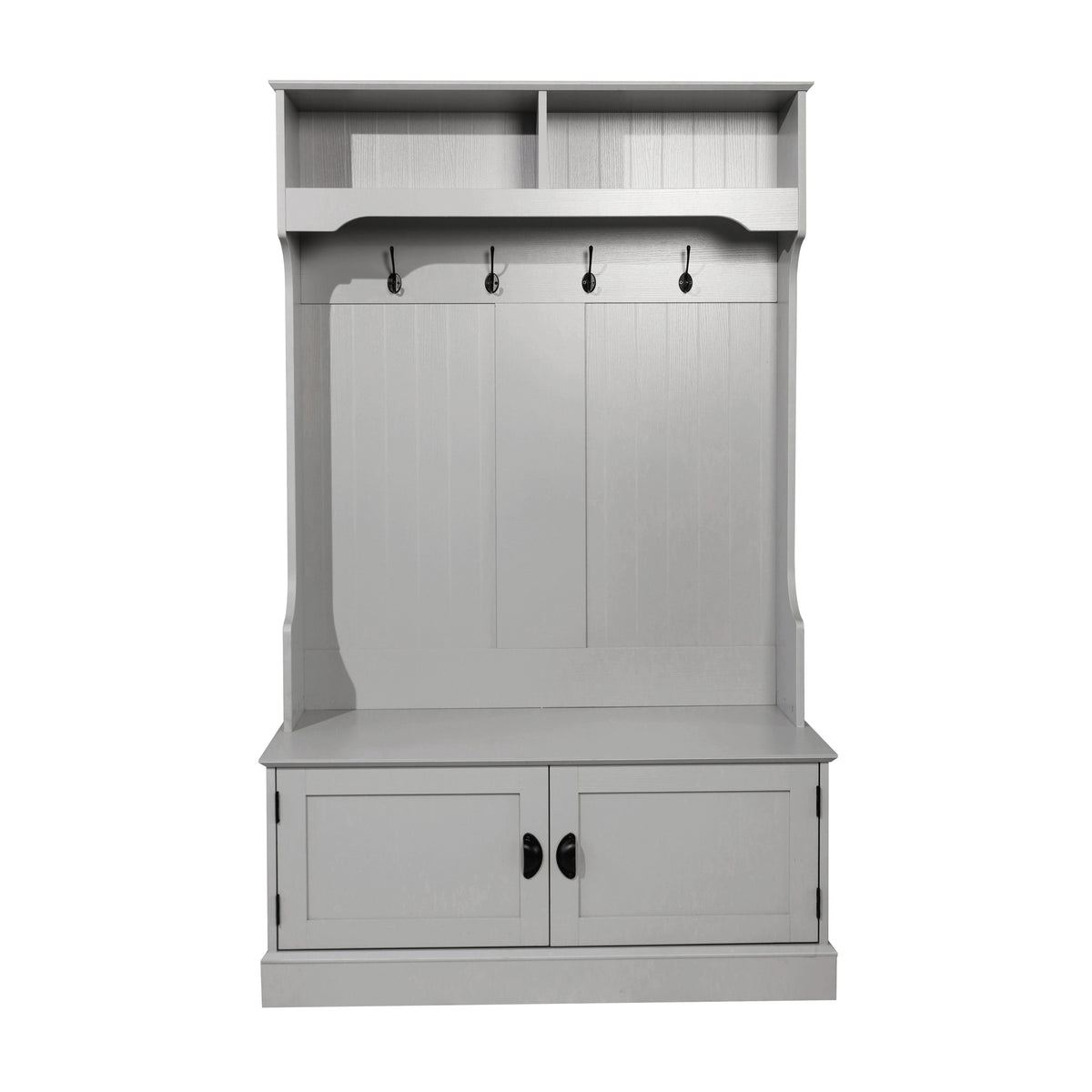 Fraser Hall Tree with Double Door Storage Bench, Coat Rack with 4 Double Hooks, and 2 Upper Storage Cubbies