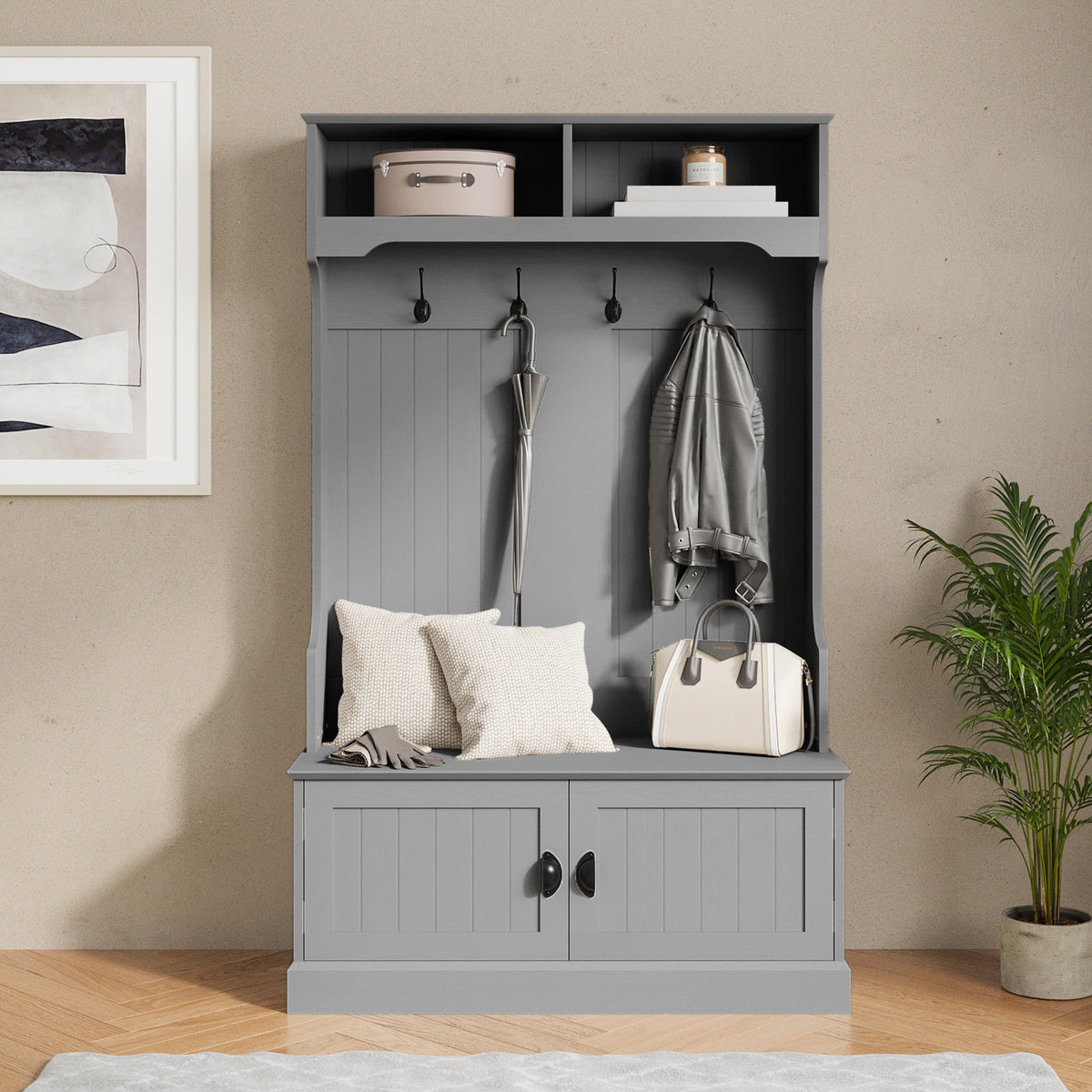 Fraser Hall Tree with Double Door Storage Bench, Coat Rack with 4 Double Hooks, and 2 Upper Storage Cubbies