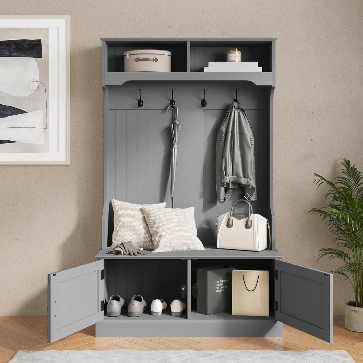 Fraser Hall Tree with Double Door Storage Bench, Coat Rack with 4 Double Hooks, and 2 Upper Storage Cubbies