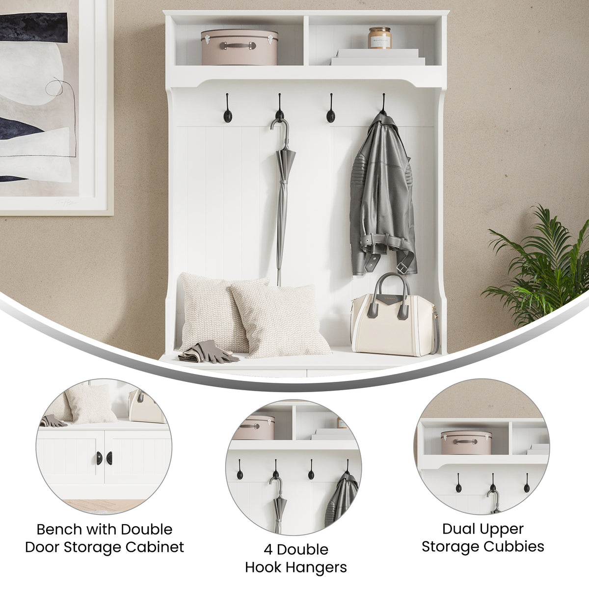 Fraser Hall Tree with Double Door Storage Bench, Coat Rack with 4 Double Hooks, and 2 Upper Storage Cubbies