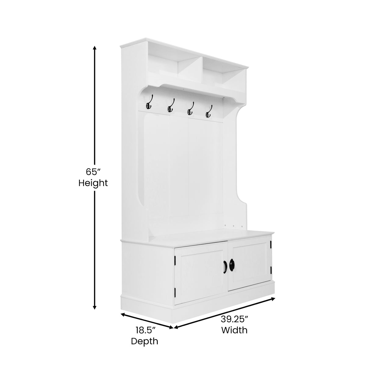Fraser Hall Tree with Double Door Storage Bench, Coat Rack with 4 Double Hooks, and 2 Upper Storage Cubbies