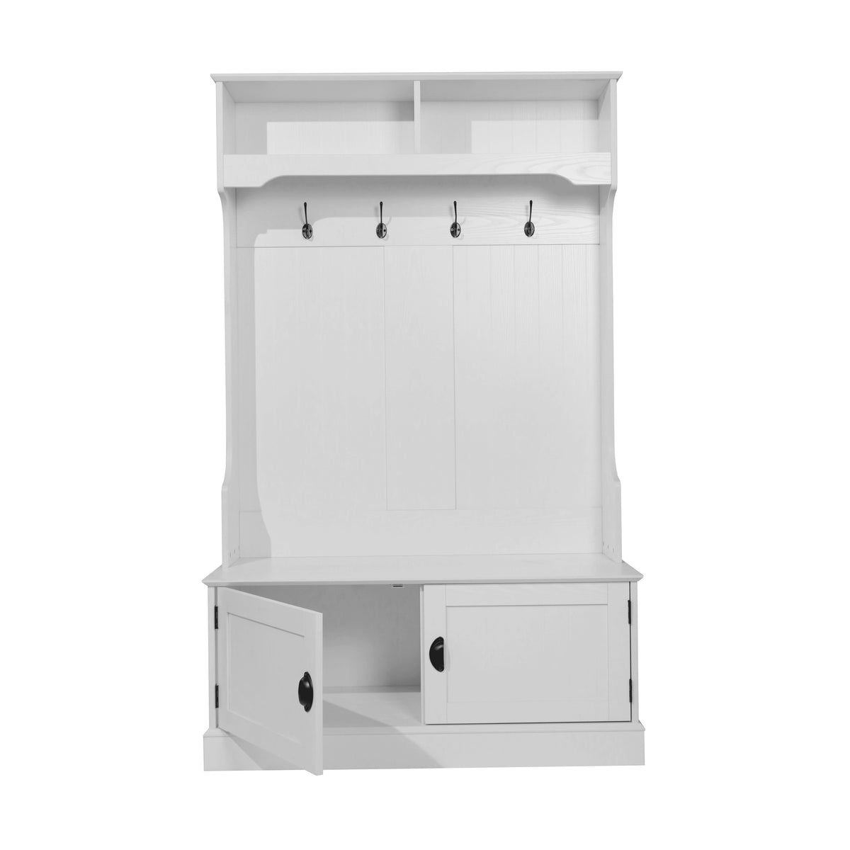Fraser Hall Tree with Double Door Storage Bench, Coat Rack with 4 Double Hooks, and 2 Upper Storage Cubbies