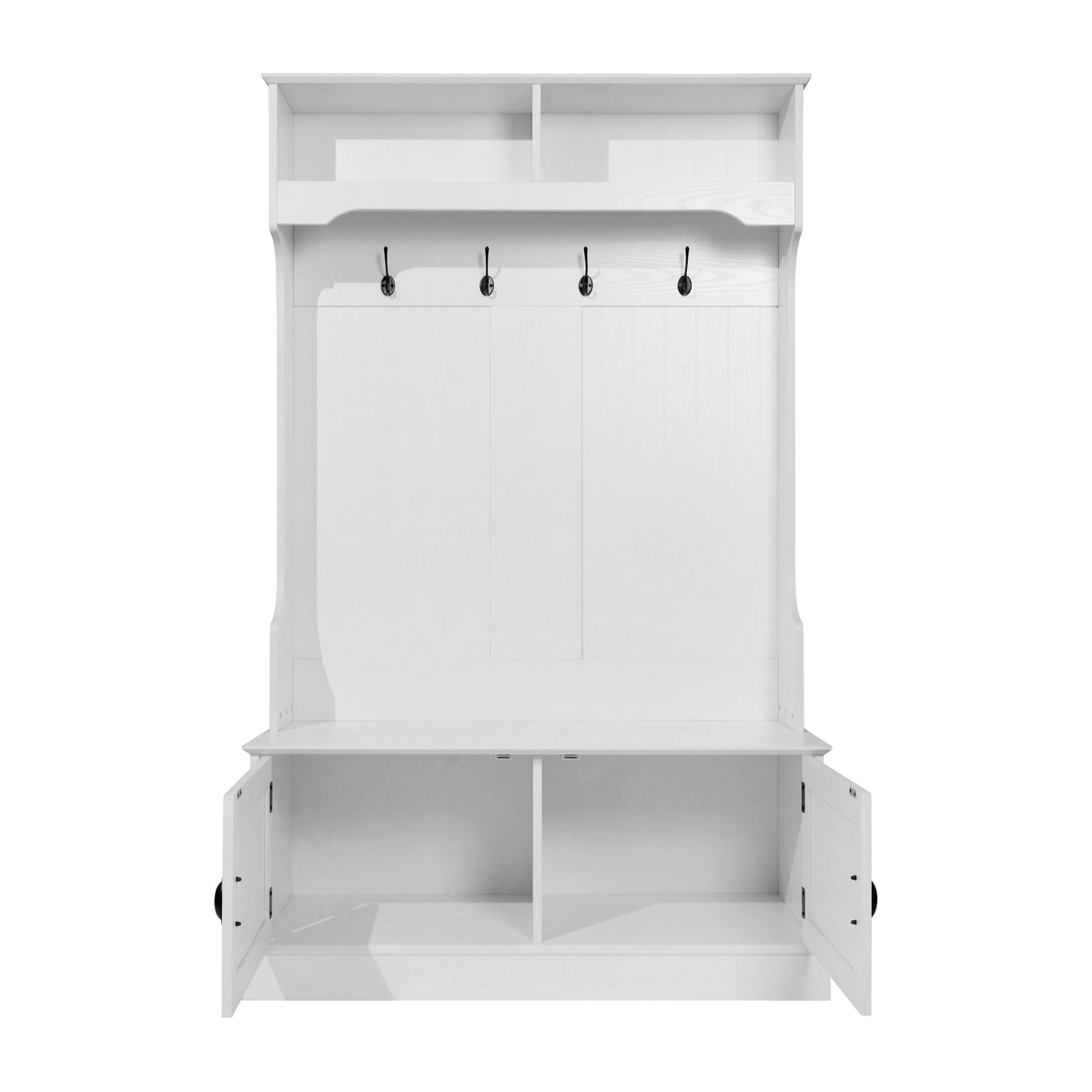 Fraser Hall Tree with Double Door Storage Bench, Coat Rack with 4 Double Hooks, and 2 Upper Storage Cubbies