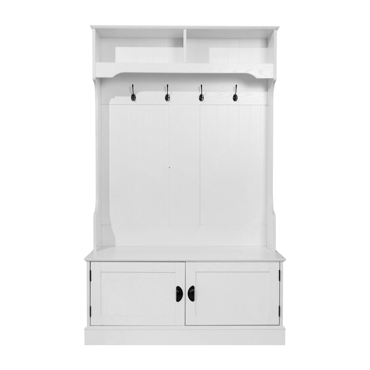 Fraser Hall Tree with Double Door Storage Bench, Coat Rack with 4 Double Hooks, and 2 Upper Storage Cubbies