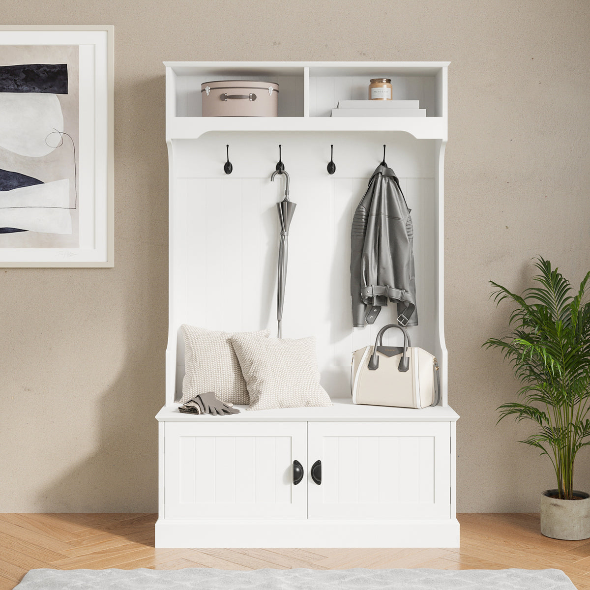 Fraser Hall Tree with Double Door Storage Bench, Coat Rack with 4 Double Hooks, and 2 Upper Storage Cubbies