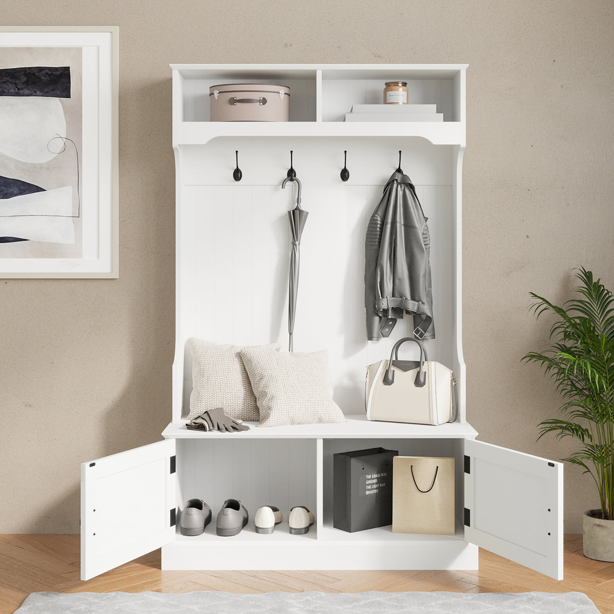 Fraser Hall Tree with Double Door Storage Bench, Coat Rack with 4 Double Hooks, and 2 Upper Storage Cubbies