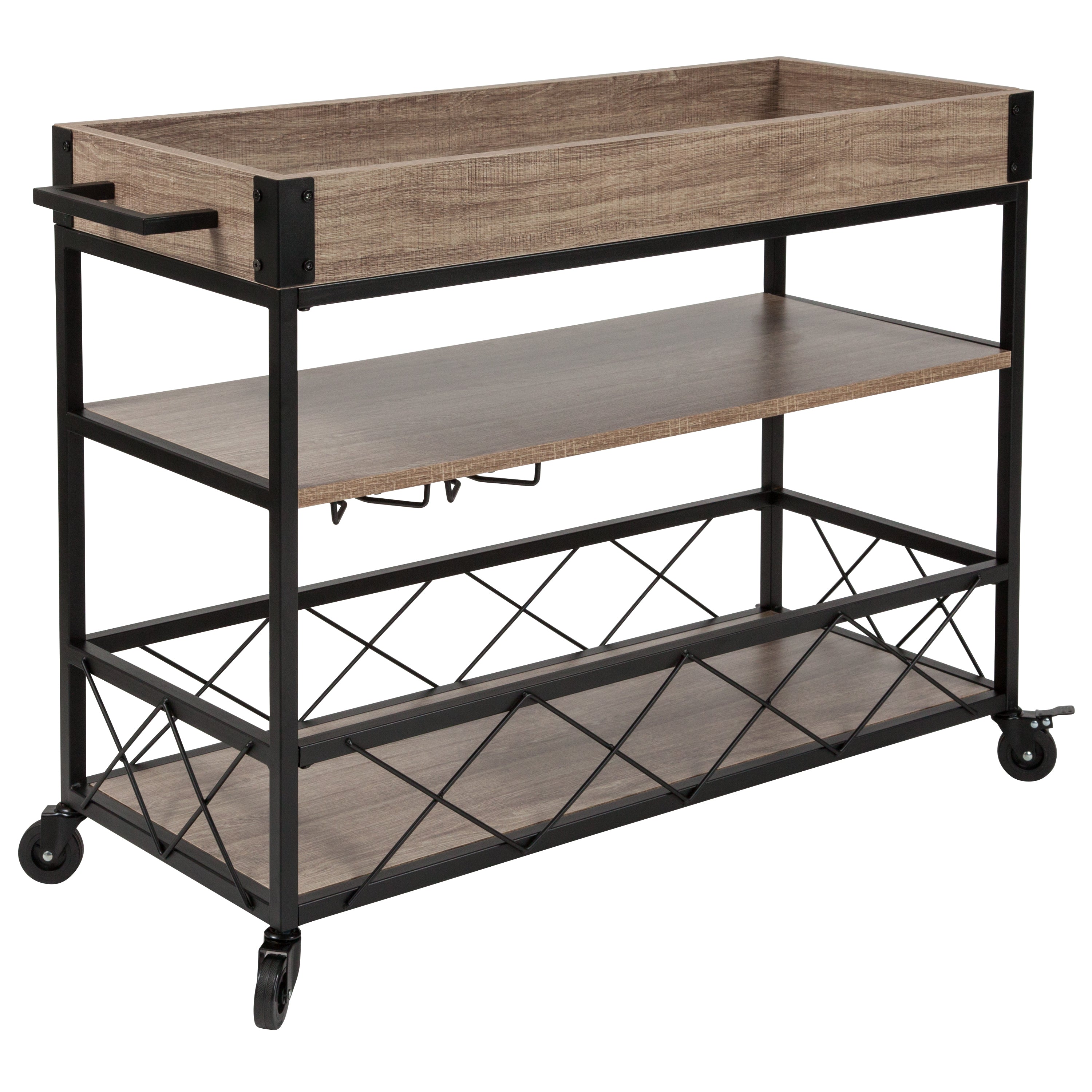 Buckhead Distressed Wood and Iron Kitchen Serving and Bar Cart with Wine Glass Holders-Serving Cart-Flash Furniture-Wall2Wall Furnishings