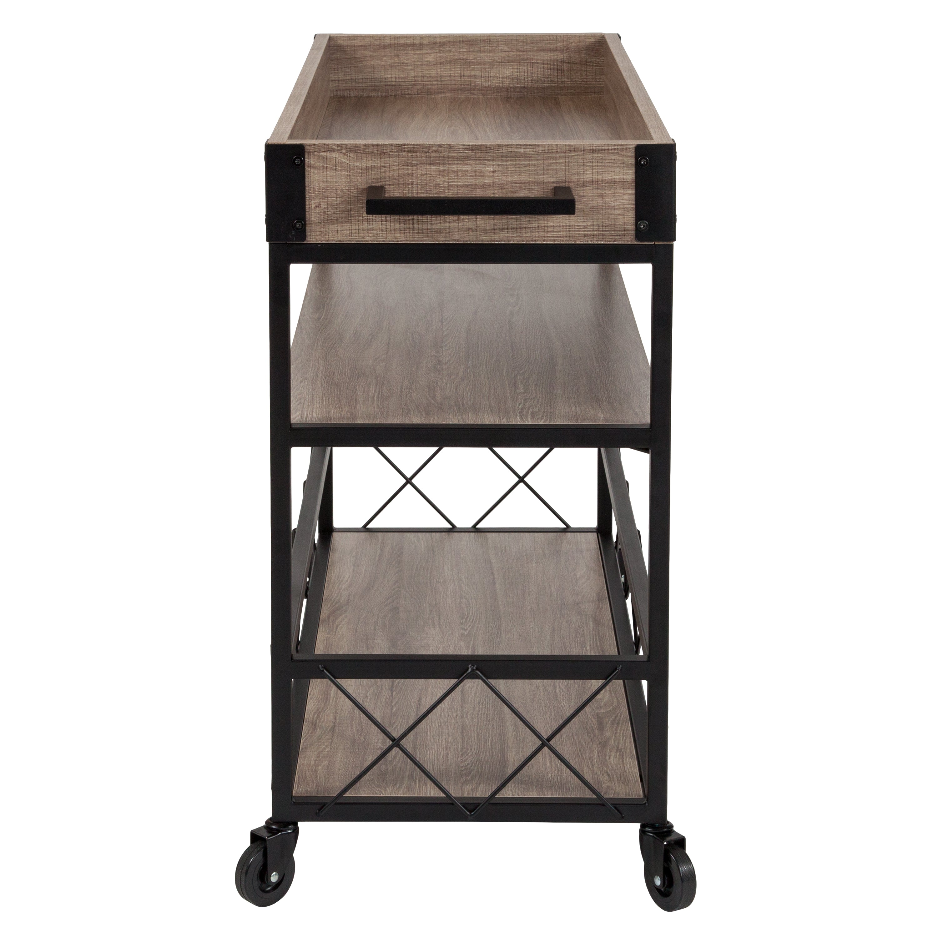 Buckhead Distressed Wood and Iron Kitchen Serving and Bar Cart with Wine Glass Holders-Serving Cart-Flash Furniture-Wall2Wall Furnishings