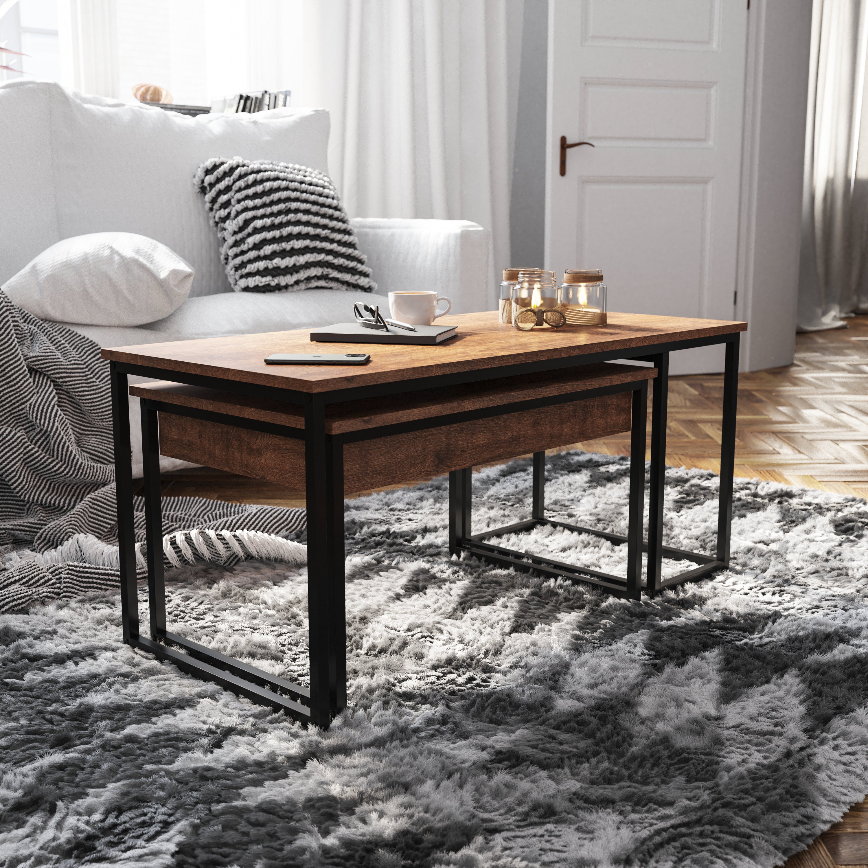 Emerson 2 Piece Modern Nesting Coffee Table Set with Storage Drawer and Sled Base Metal Frames-Coffee Table Set-Flash Furniture-Wall2Wall Furnishings