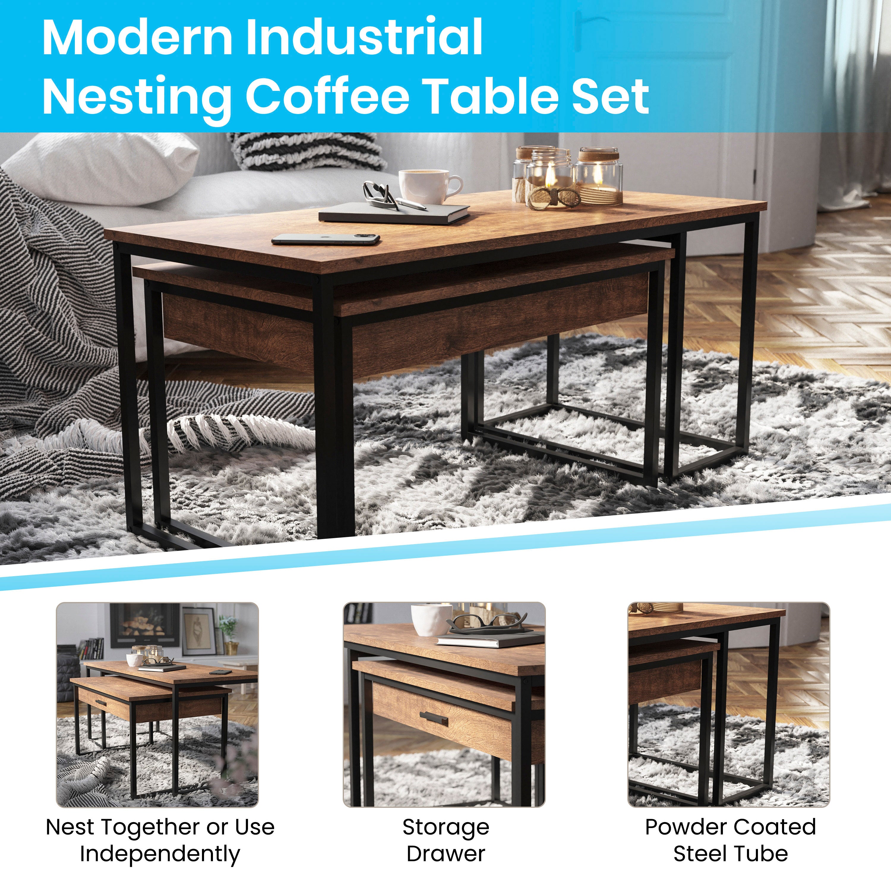 Emerson 2 Piece Modern Nesting Coffee Table Set with Storage Drawer and Sled Base Metal Frames-Coffee Table Set-Flash Furniture-Wall2Wall Furnishings