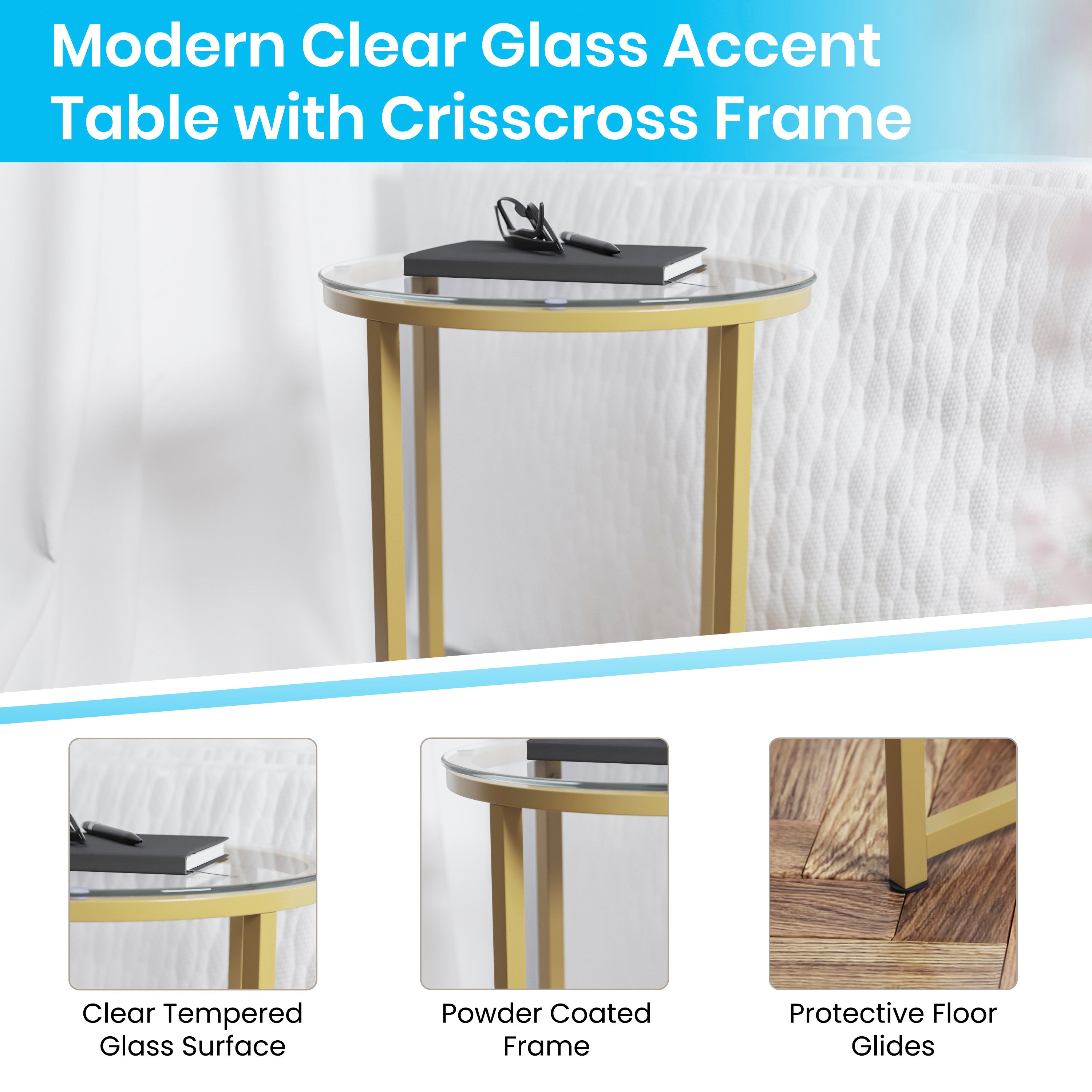 Greenwich Collection End Table - Modern Glass Accent Table with Crisscross Frame