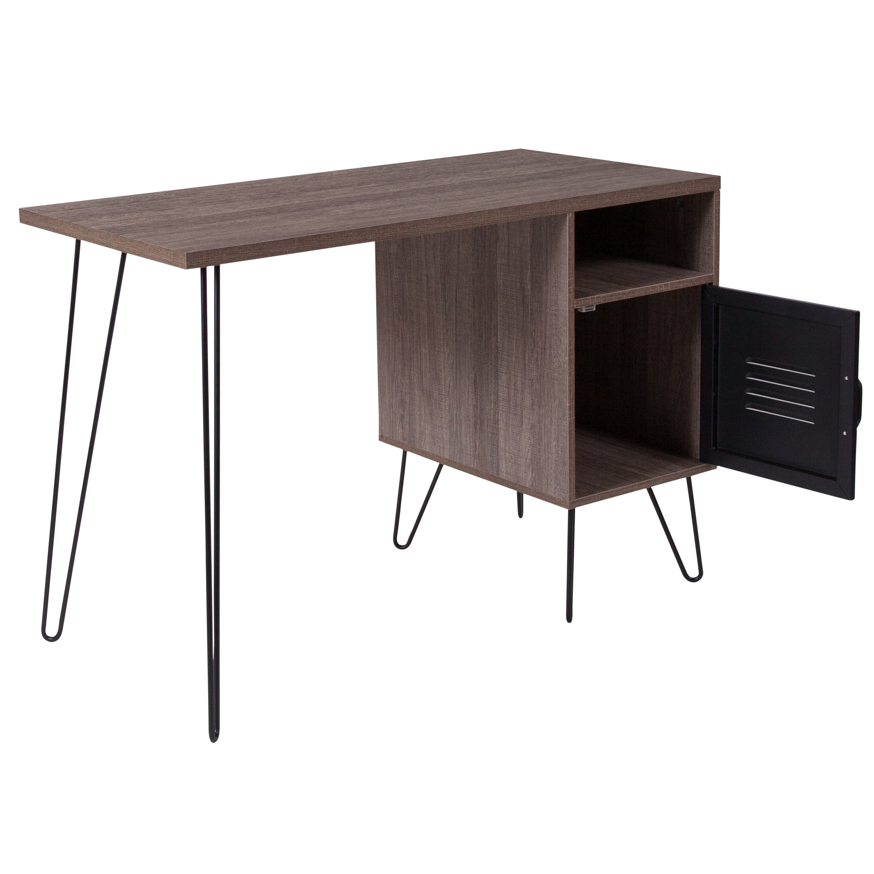 Woodridge Collection Computer Desk with Metal Cabinet Door and Black Metal Legs