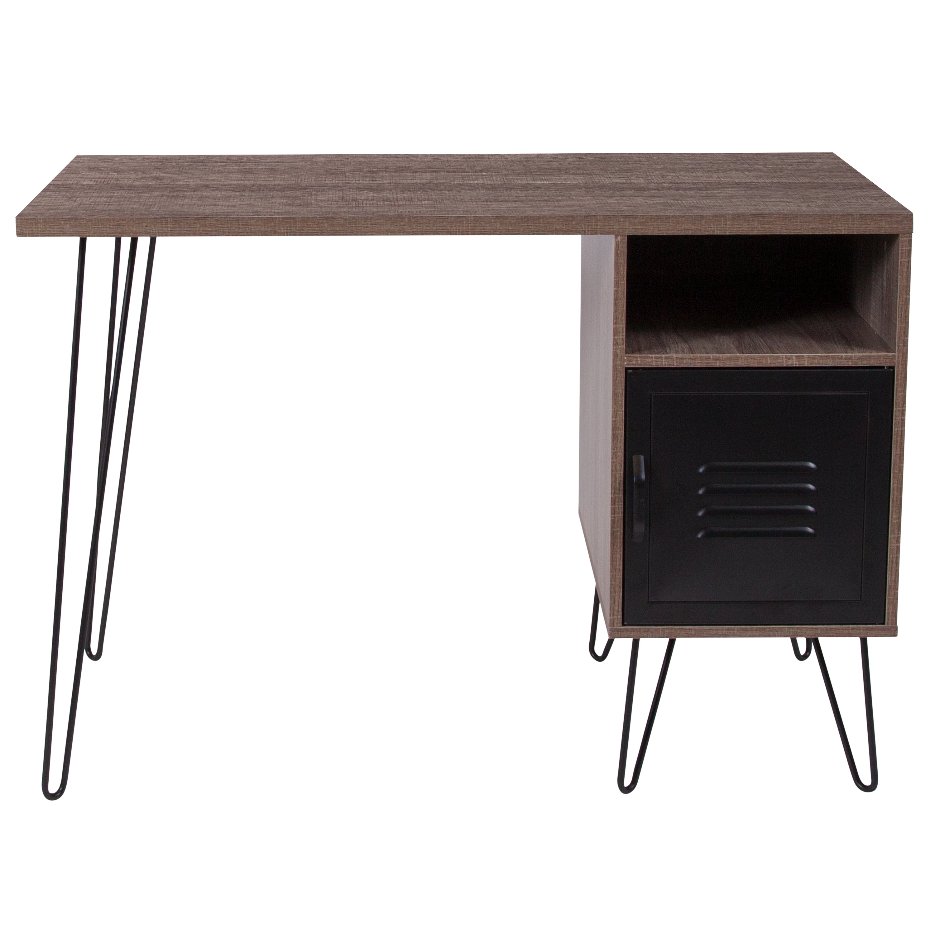 Woodridge Collection Computer Desk with Metal Cabinet Door and Black Metal Legs
