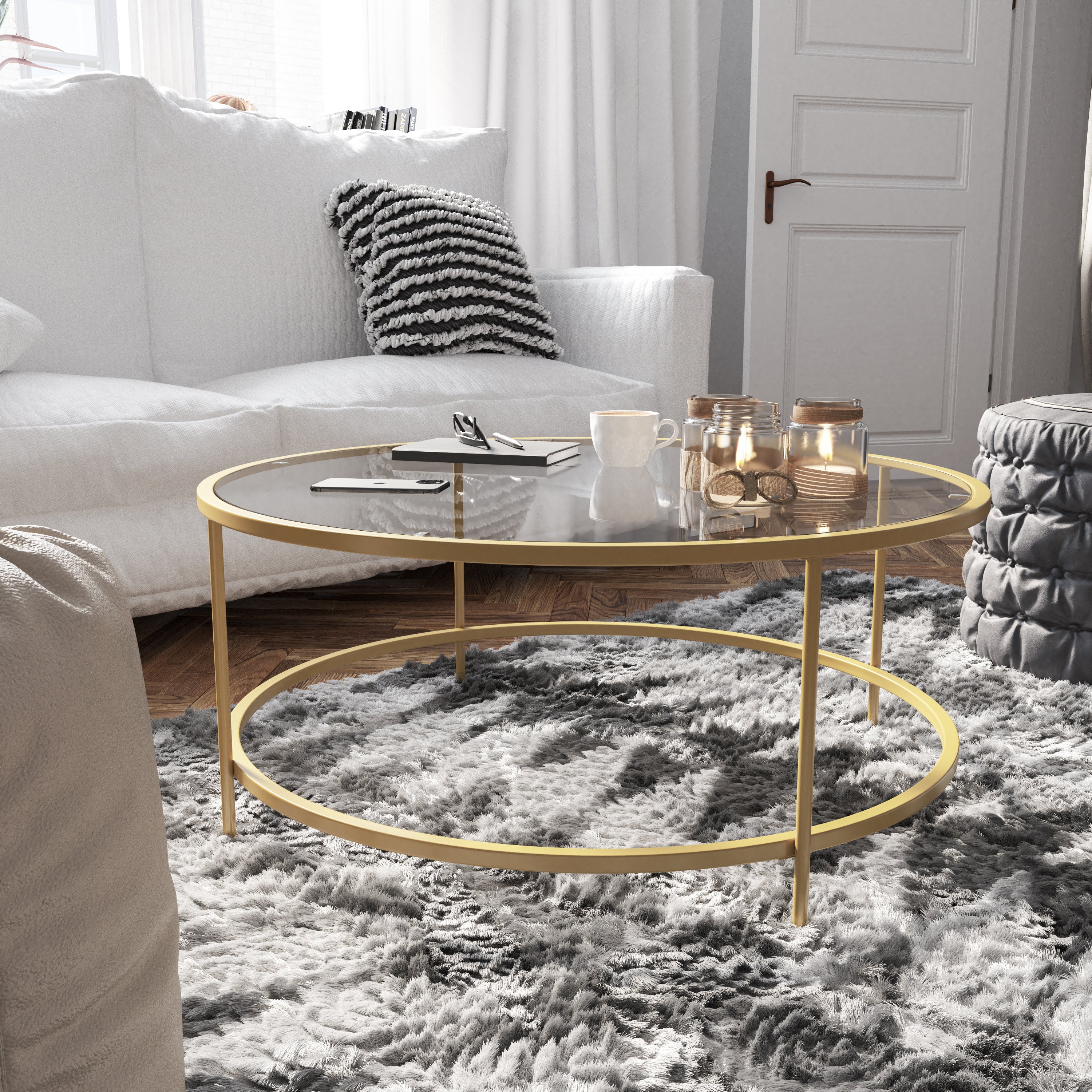 Astoria Collection Round Coffee Table - Modern Glass Coffee Table with Metal Frame