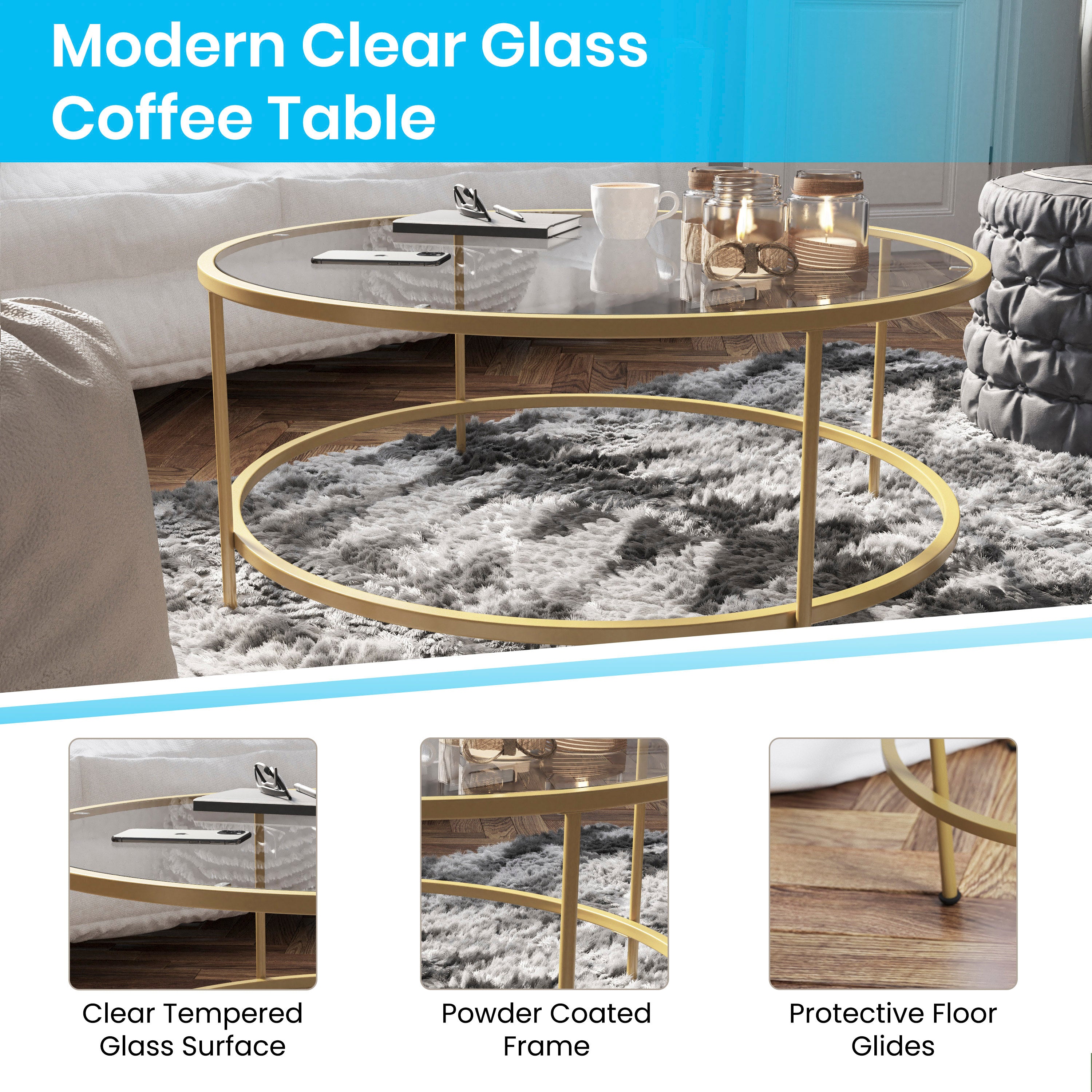 Astoria Collection Round Coffee Table - Modern Glass Coffee Table with Metal Frame