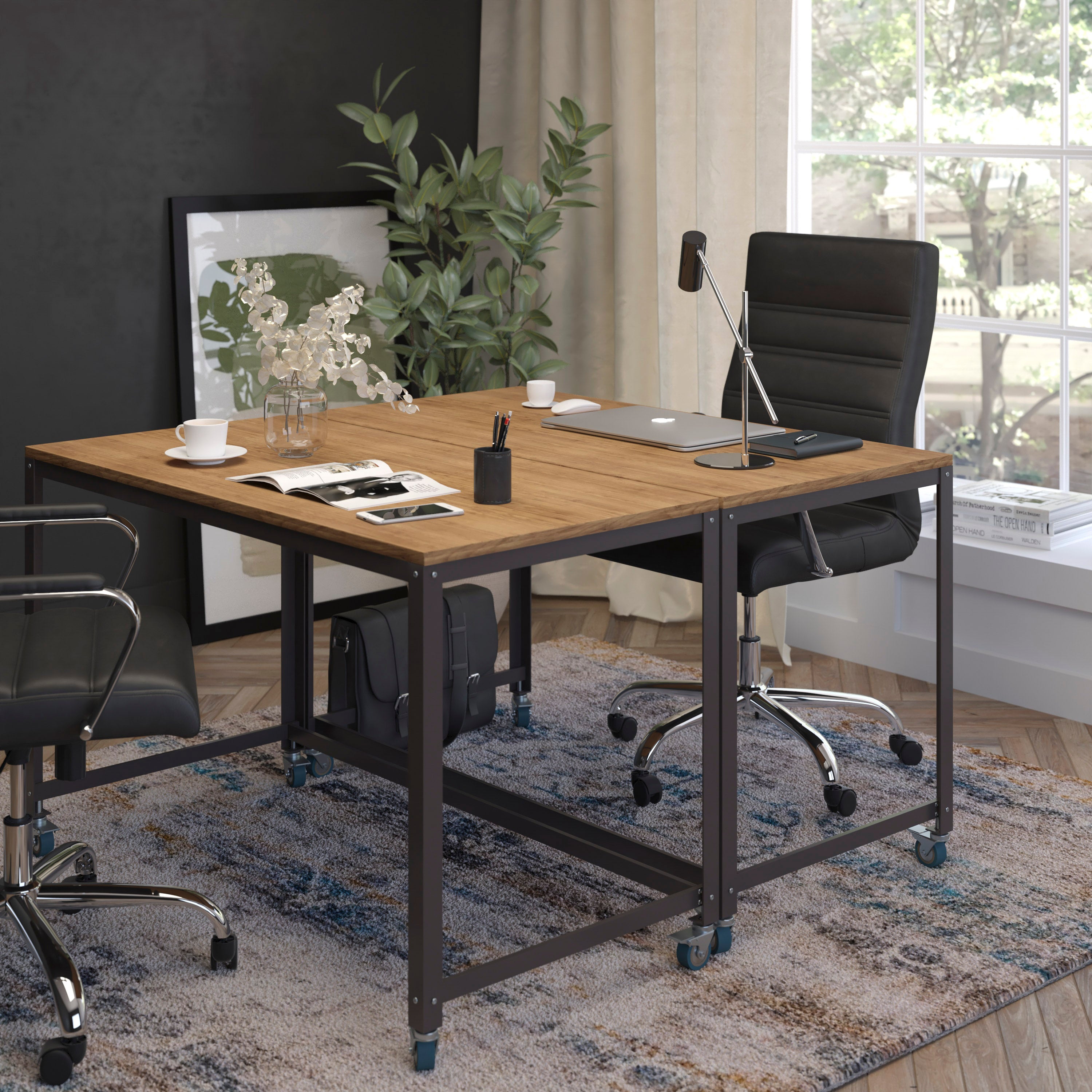Livingston Collection Computer Table and Desk in Wood Grain Finish with Metal Wheels