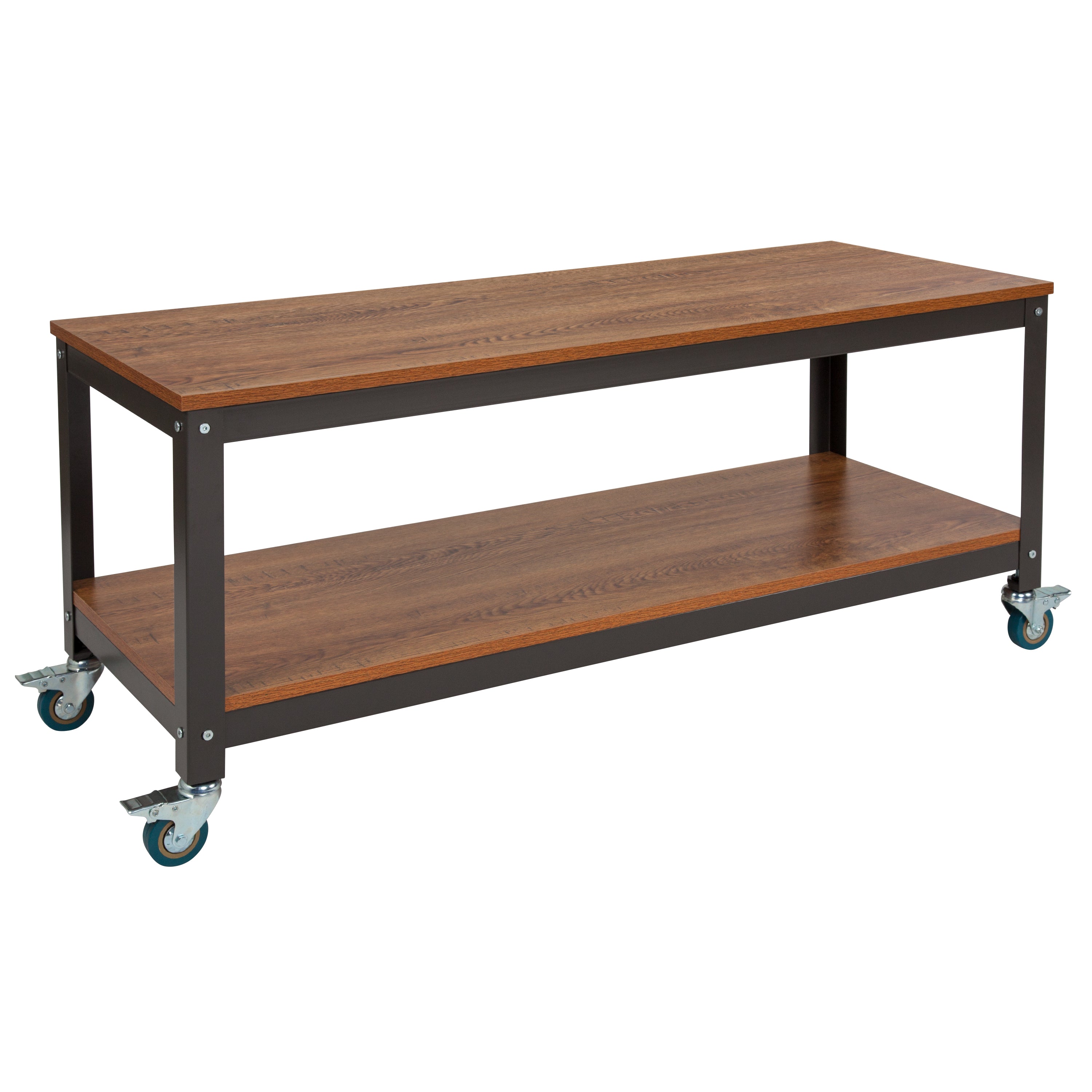 Livingston Collection TV Stand in Wood Grain Finish with Metal Wheels-TV Stand-Flash Furniture-Wall2Wall Furnishings