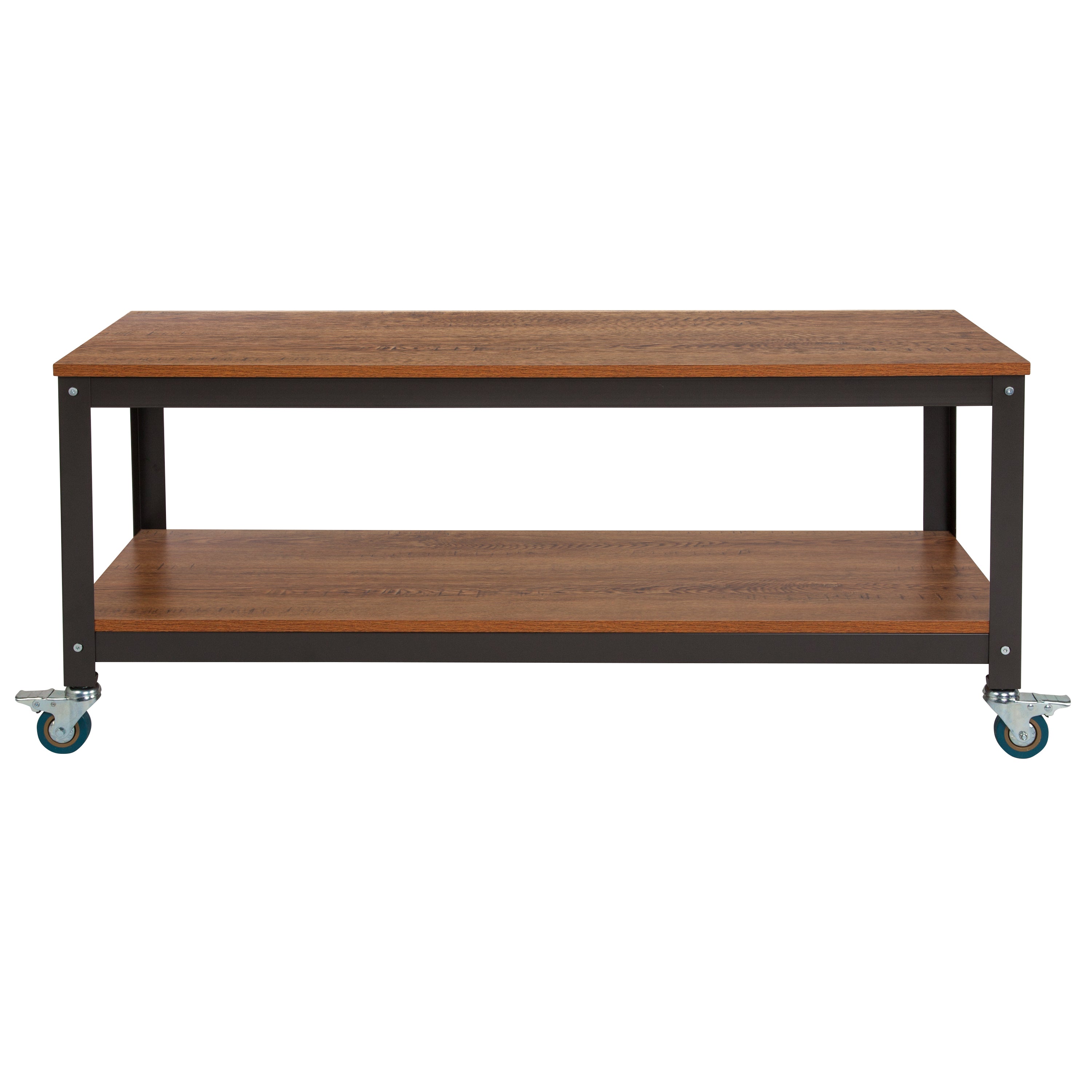 Livingston Collection TV Stand in Wood Grain Finish with Metal Wheels