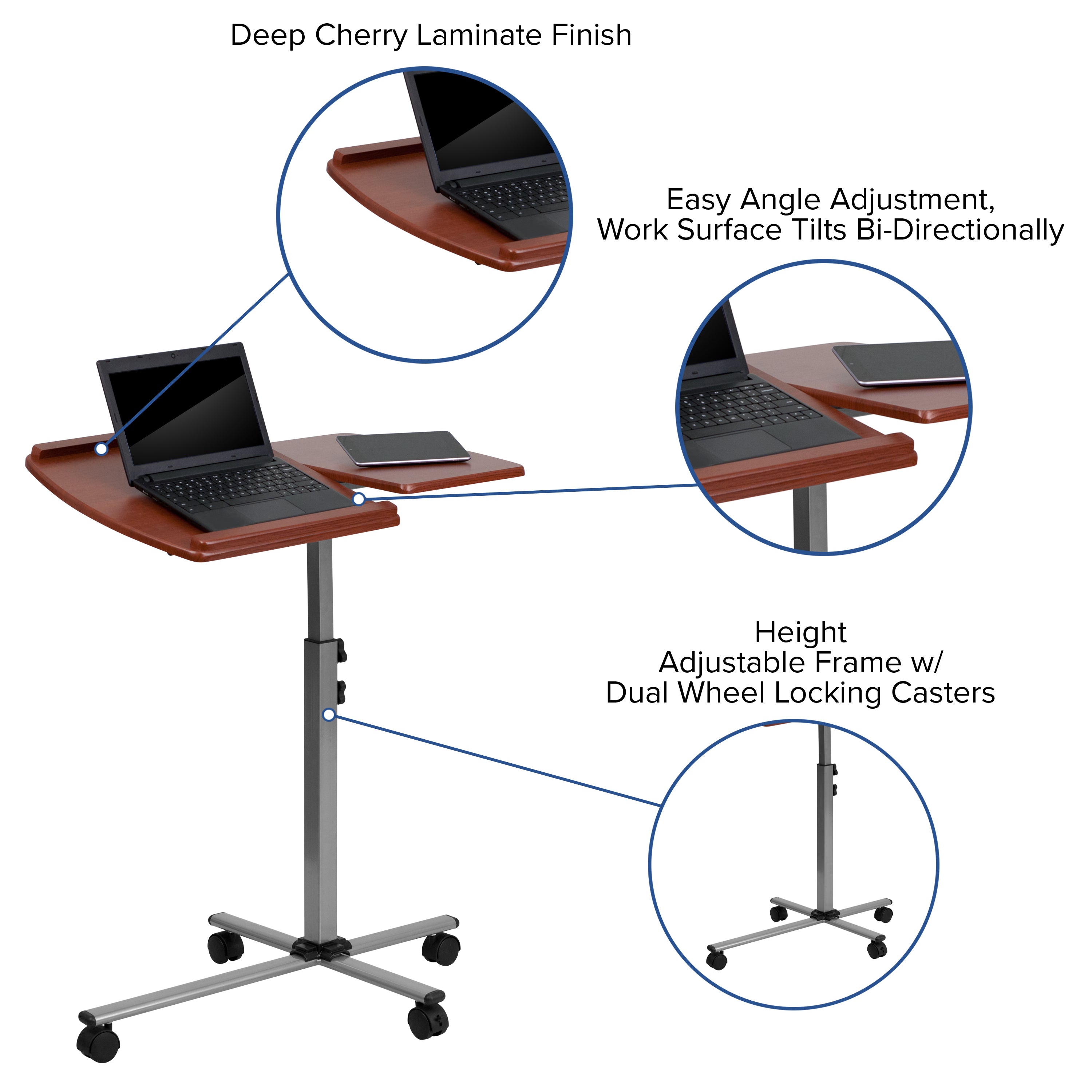 Angle and Height Adjustable Mobile Laptop Computer Table with Top