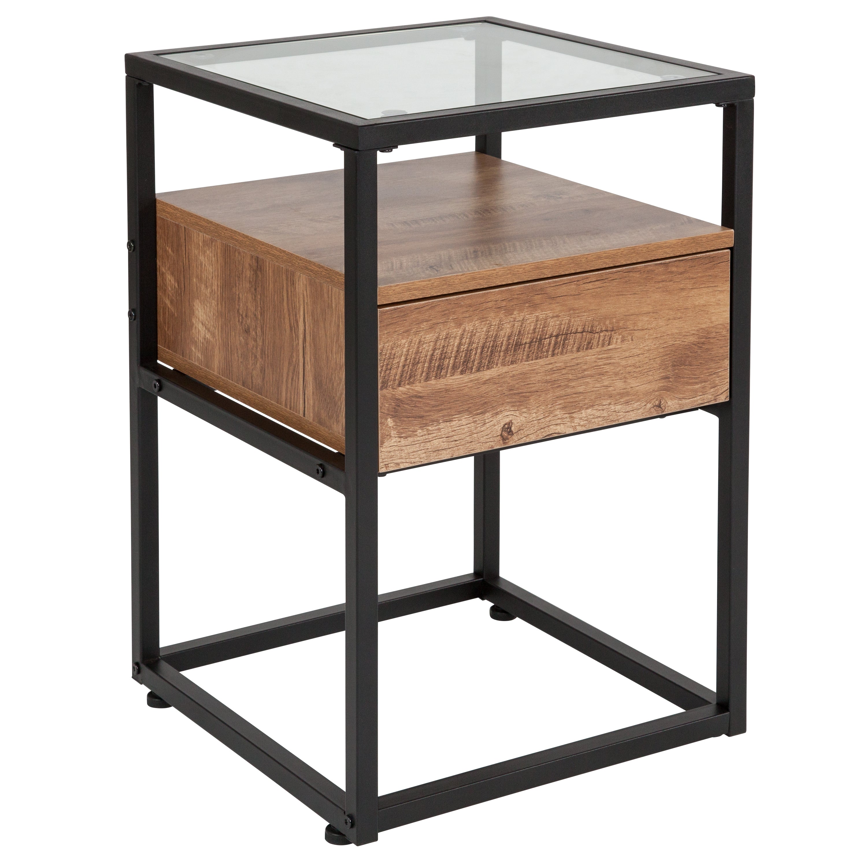 Cumberland Collection Glass Coffee Table with Drawer and Shelf in Wood Grain Finish-Residential Tables-Flash Furniture-Wall2Wall Furnishings