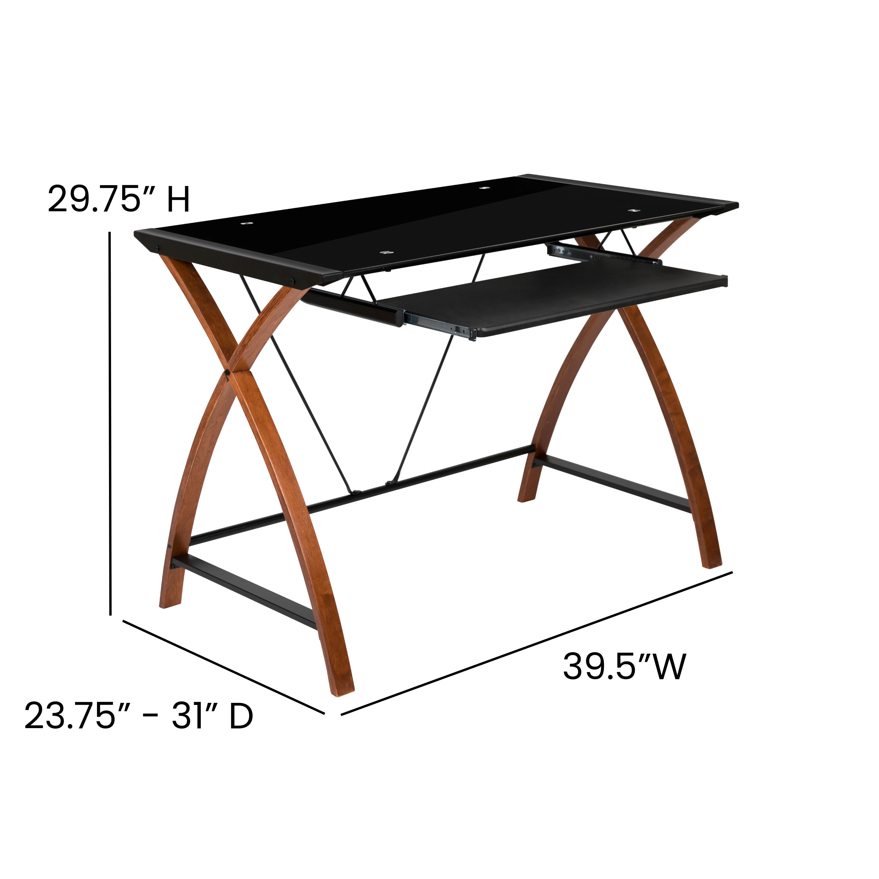 Glass Computer Desk with Pull-Out Keyboard Tray and Crisscross Frame