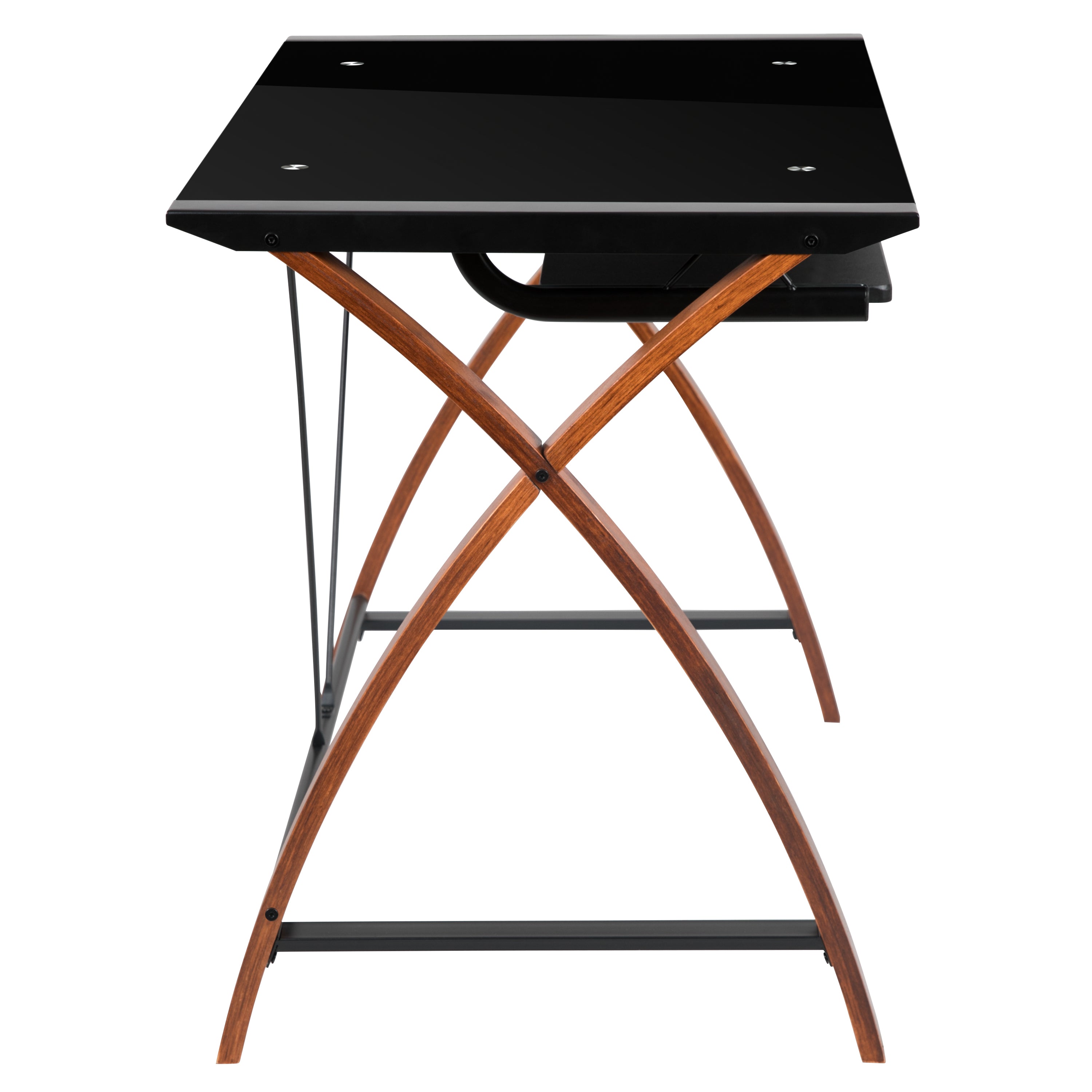 Glass Computer Desk with Pull-Out Keyboard Tray and Crisscross Frame