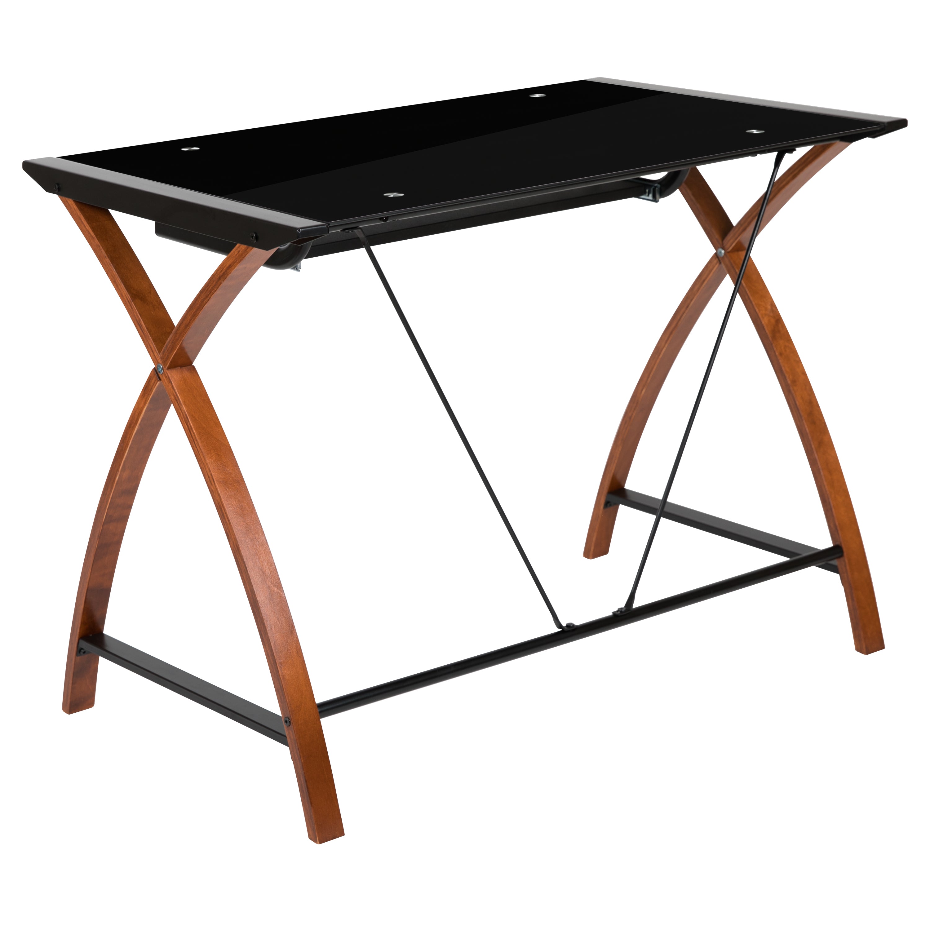 Glass Computer Desk with Pull-Out Keyboard Tray and Crisscross Frame
