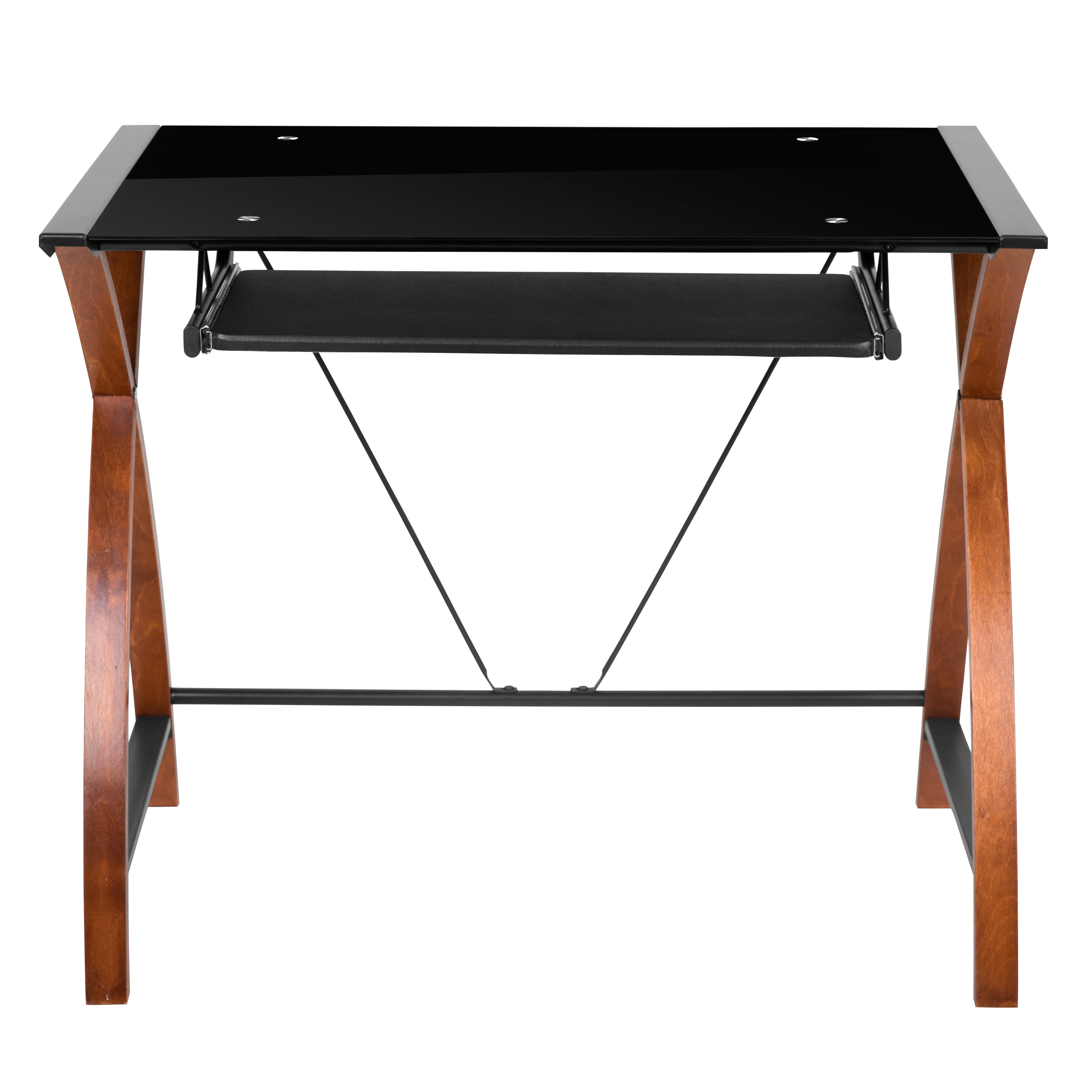 Glass Computer Desk with Pull-Out Keyboard Tray and Crisscross Frame