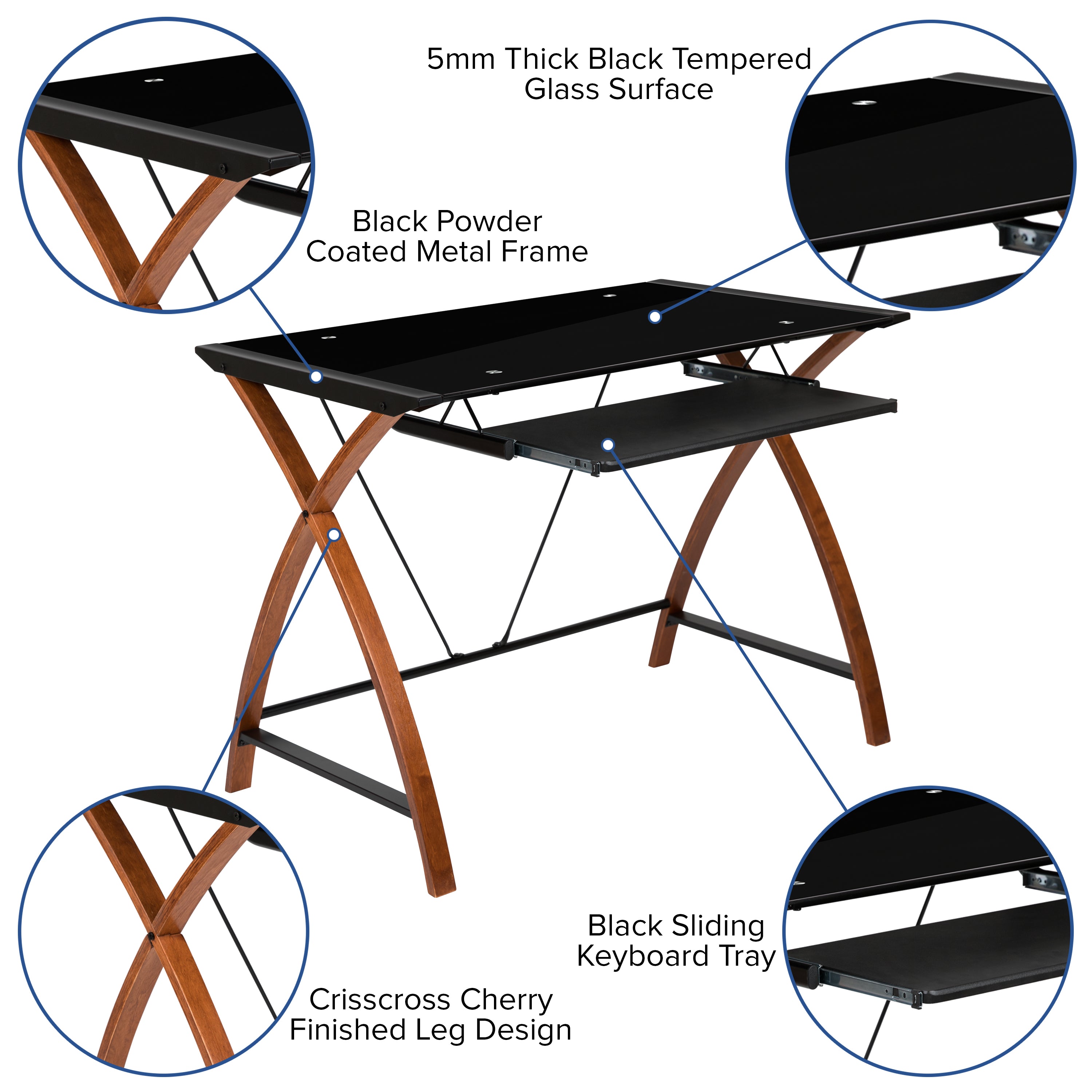 Glass Computer Desk with Pull-Out Keyboard Tray and Crisscross Frame