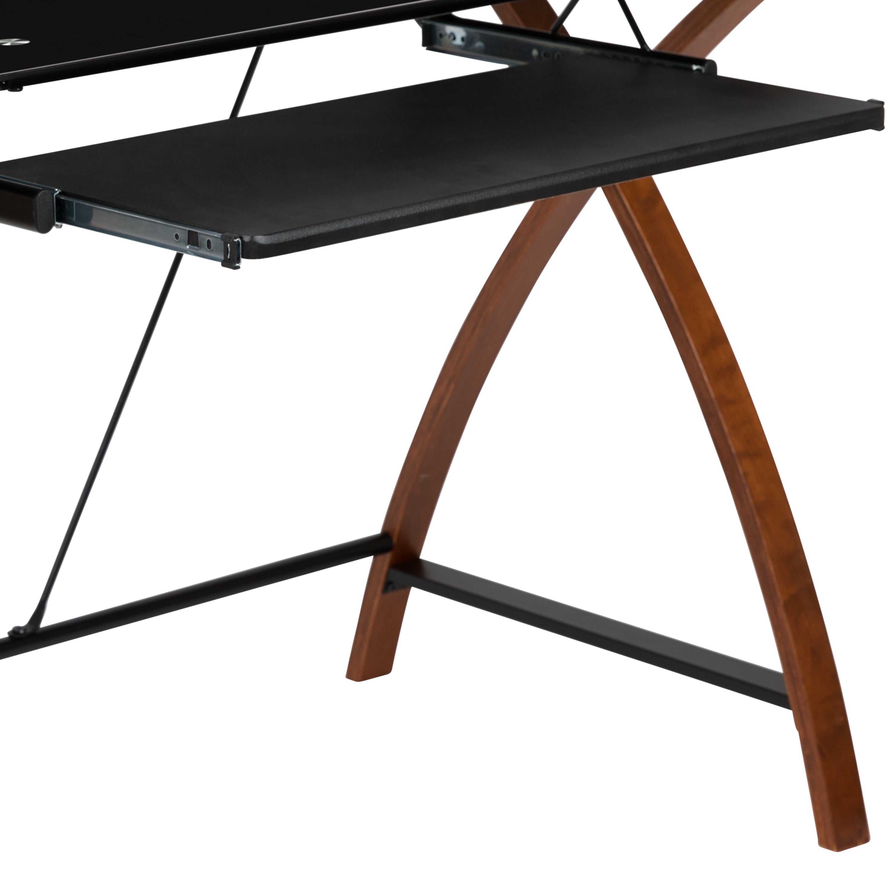 Glass Computer Desk with Pull-Out Keyboard Tray and Crisscross Frame